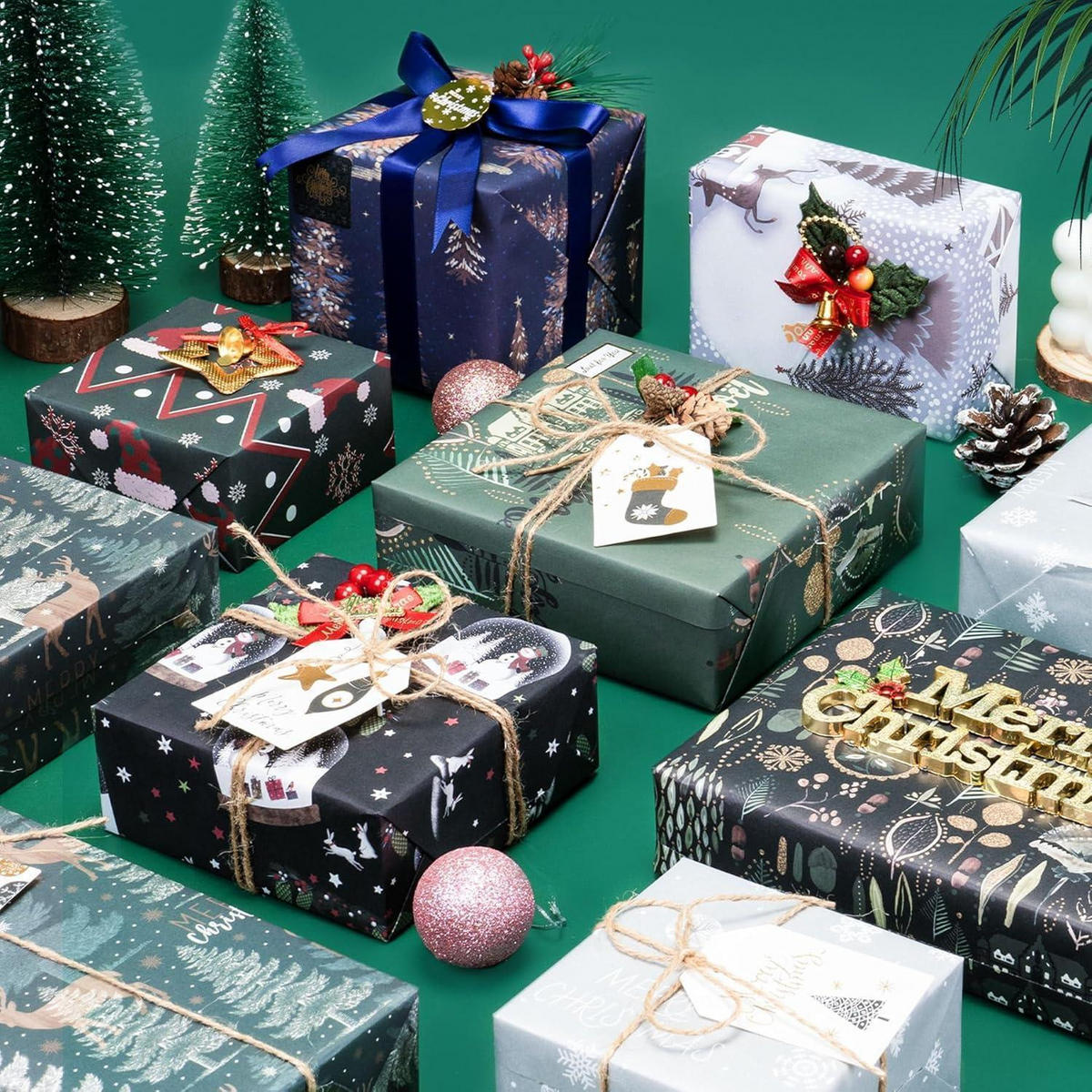 GESCHENKPAPIER Set Weihnachten 8 Blatt 70x50cm Mattes Kraftpapier mit Anhängern und Aufklebern - Multicolor, Papier (50/50/70.1cm)
