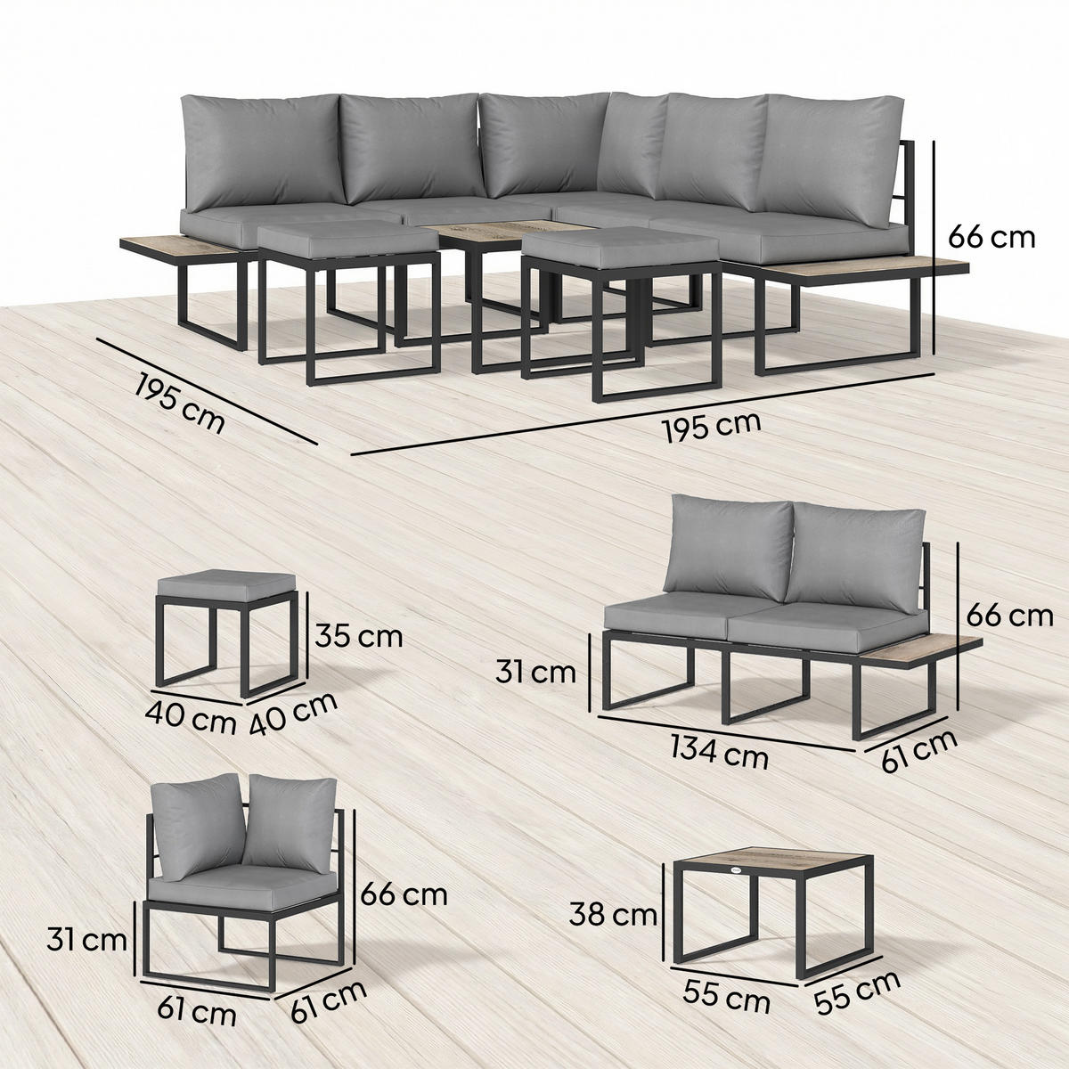 GARTENLOUNGE-SET DE-13523 6-sitzig mit Seitentischen Grau - Dunkelgrau, Metall - ComfortXL