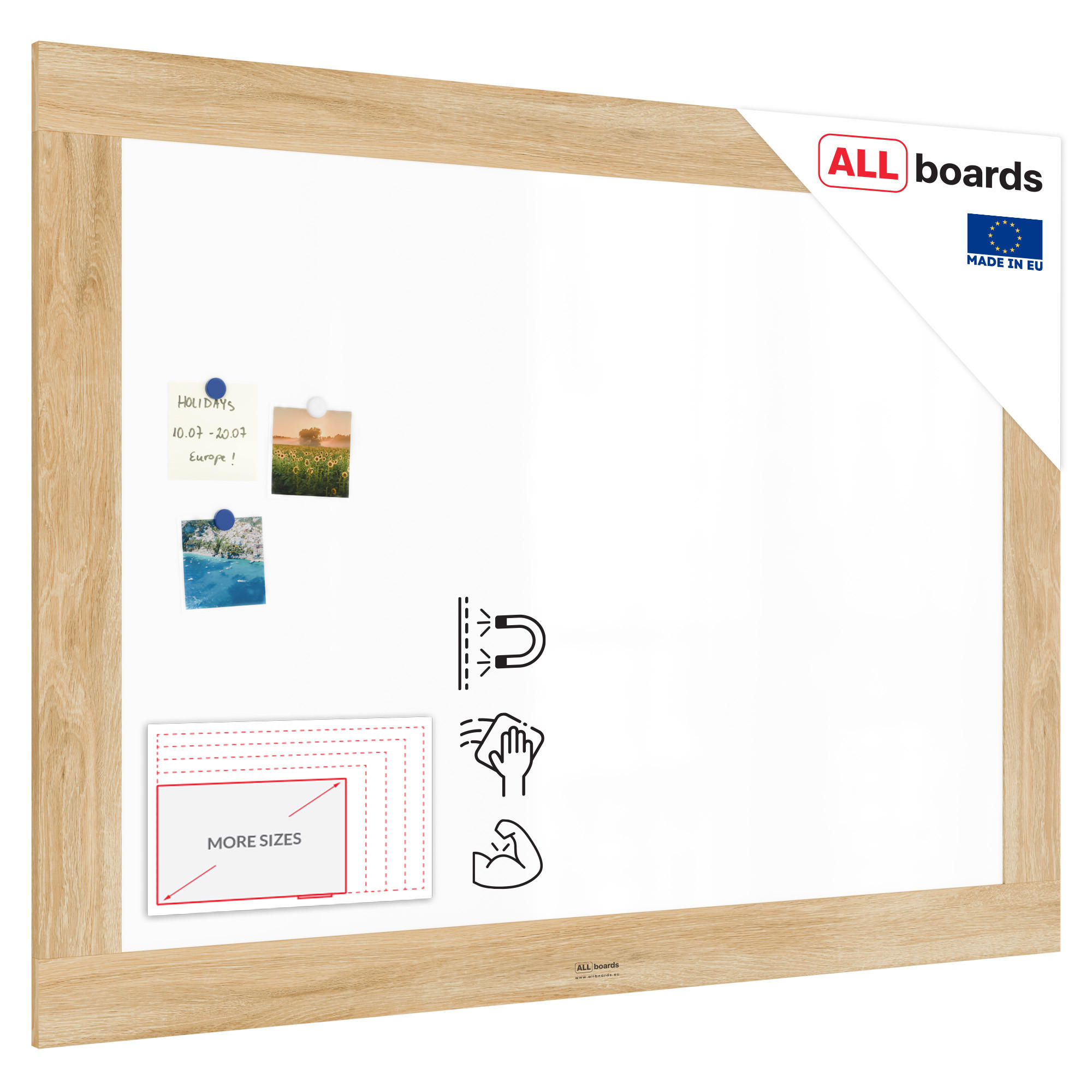 MAGNETISCHES Whiteboard, trocken abwischbar PREMIUM 120×90 cm, massiver Rahmen im Eichendesign - Weiß, Metall (120/90/2cm)