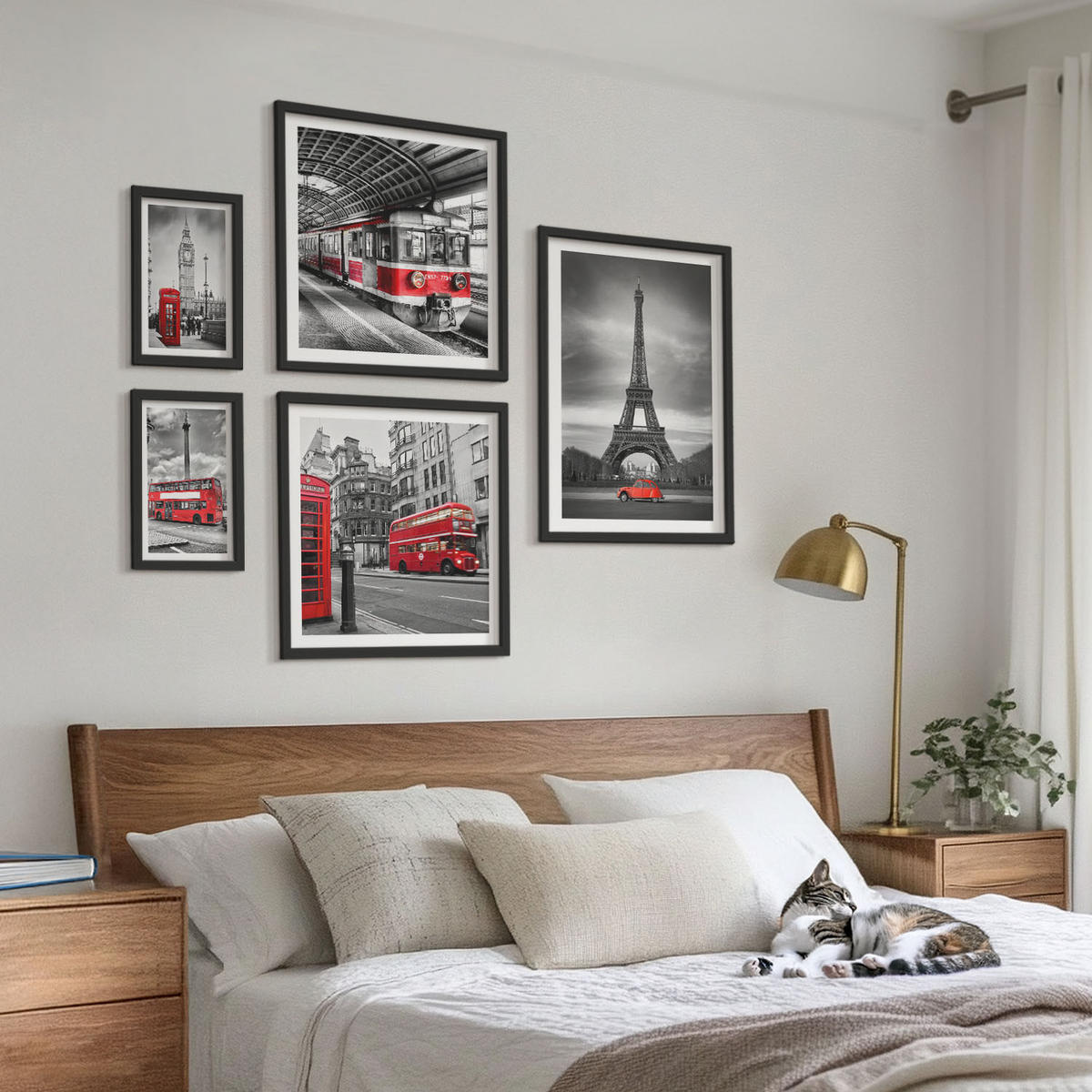 WANDBILDER 5er-Set - 50x50 cm & 20x30 cm & 40x60 cm Schwarzer Rahmen - Rote Busse in der Stadt - Schwarz, Kunststoff (40/60cm) - ArtPrintCave