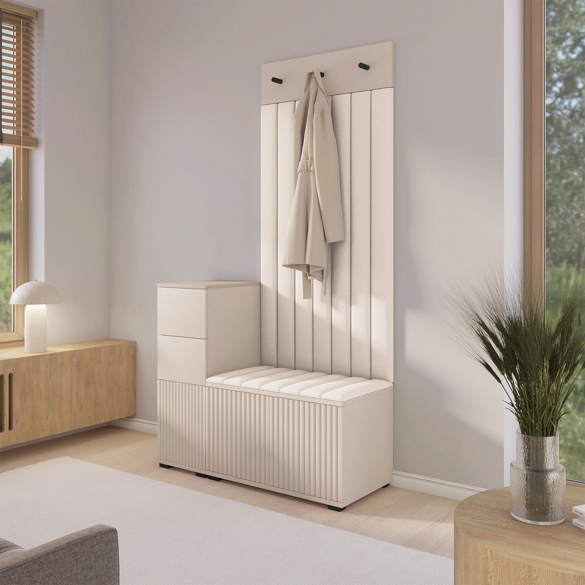 GARDEROBE Ritmo version 9 mit Spiegel, mit POLSTERPANEELEN Creme - Creme, Holzwerkstoff (100/185/40cm) - Jerpax