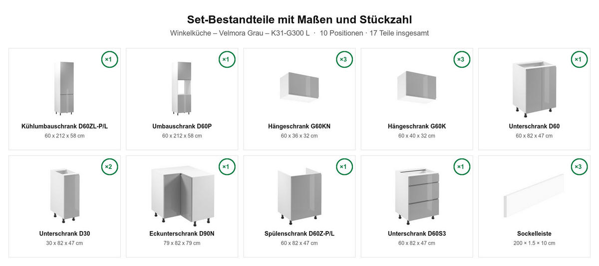 L-KÜCHE Velmora Grau Hochglanz – 300 × 240 cm – K31-G300 L - Grau, Holzwerkstoff (300/212/240cm) - ROYAL24_MARKT