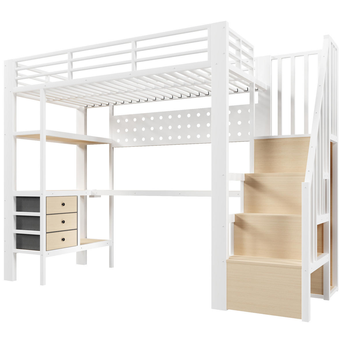 HOCHBETT 90/200 cm aus Metall und MDF mit Schreibtisch, Stauraum und LED-Beleuchtung Weiß - Weiß, Holzwerkstoff (90/200cm) - Modenvie