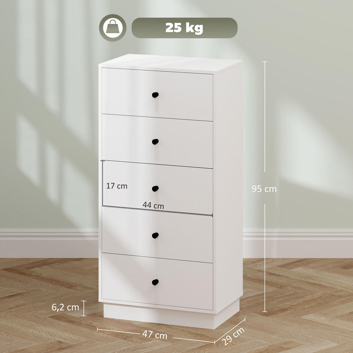 KOMMODE Sideboard mit 5 Schubladen Schrank aus Holzwerkstoff 47 x 29 x 95 cm Weiß - Weiß, Holzwerkstoff (47/95/29cm) - HOMCOM