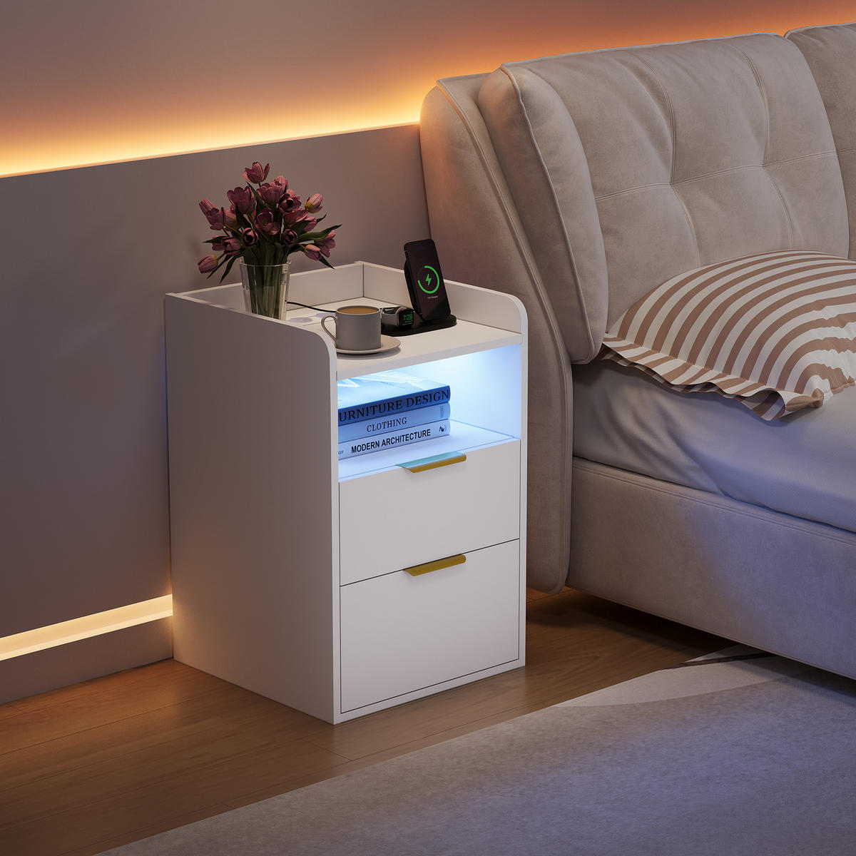 NACHTTISCH Weiß mit LED, Ladestation, 2 Schubladen & offenem Fach - Weiß, Holz (40/60/40cm) - SHOPENTRA