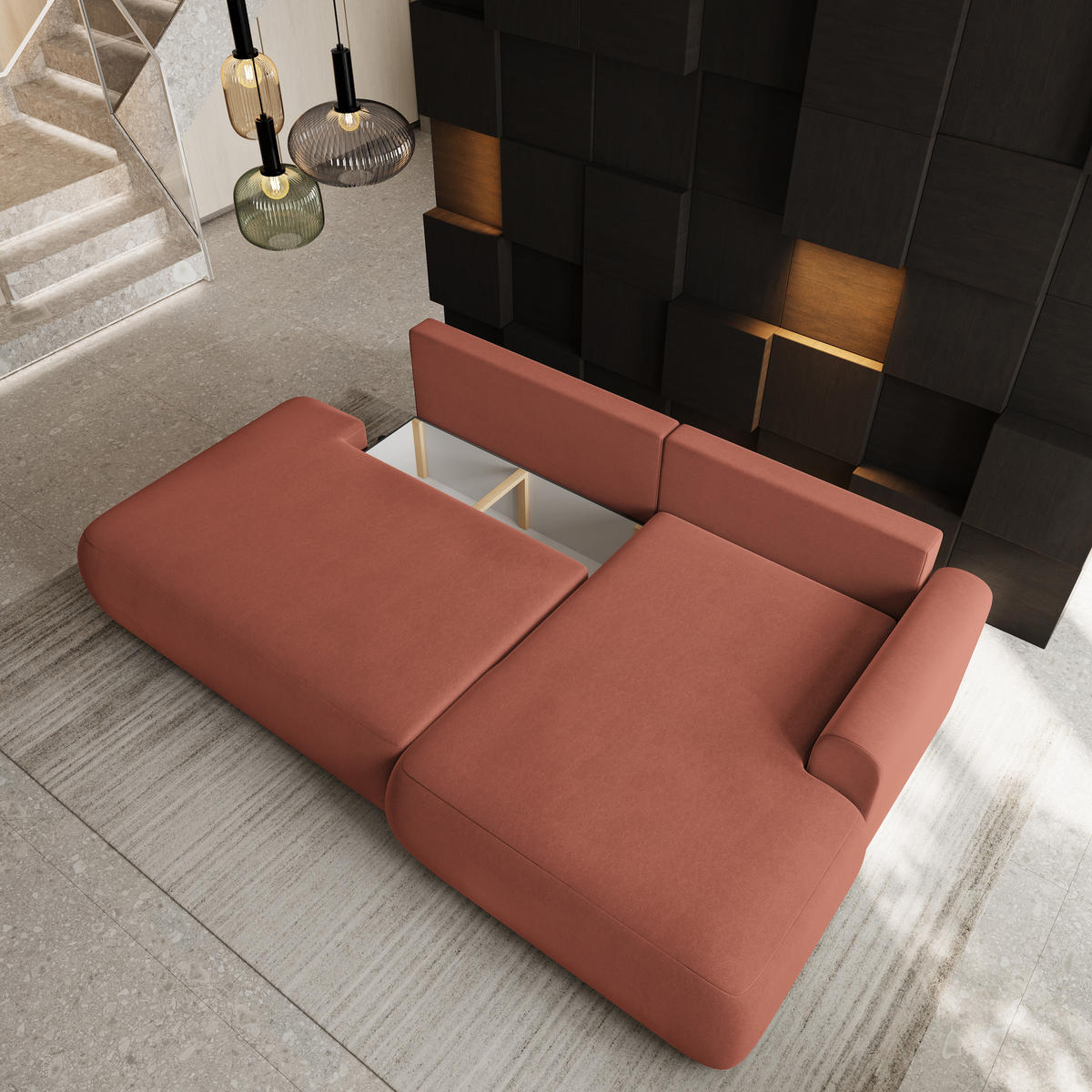 ECKSOFA NUVIRA CL R-S Koralle Samtstoff mit Schlaffunktion - Koralle, Holzwerkstoff/Textil (279/158cm) - MASSENO