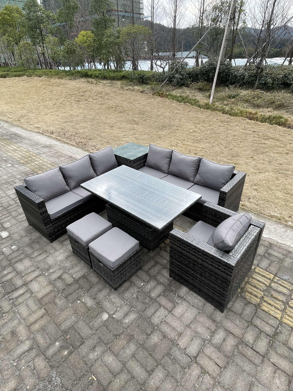 GARTENMÖBEL-SET HÖHENVERSTELLBARER ESSTISCH 3 SITZER SOFA HOCKER Polyrattan Outdoor 9-Sitzer - Dunkelgrau/Grau, Glas/Kunststoff - Fimous