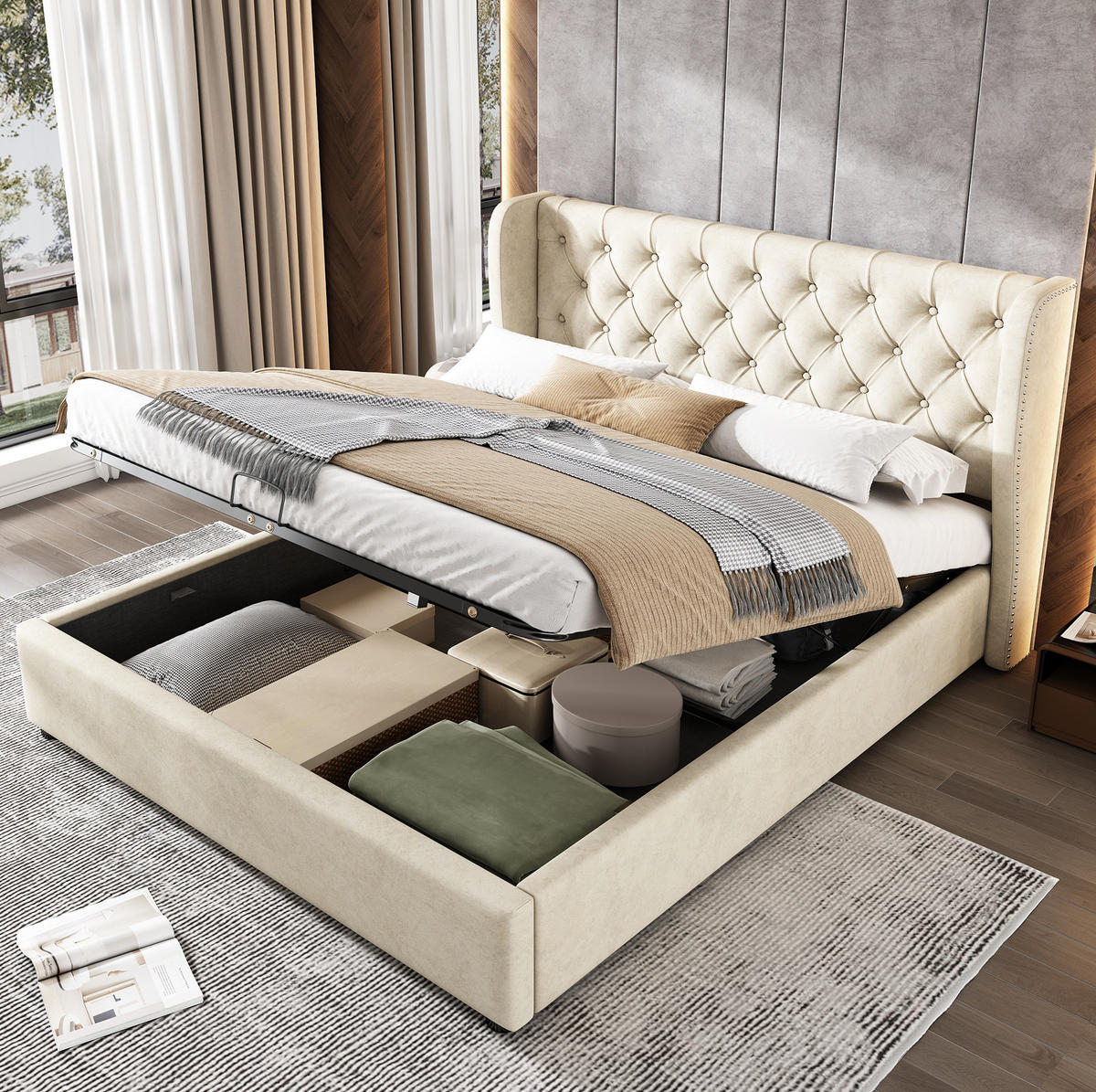 POLSTERBETT 140/200 cm mit hydraulischem Bettkasten, Lattenrost und Chesterfield-Kopfteil, Beige - Beige, Textil (140/200cm) - Redom