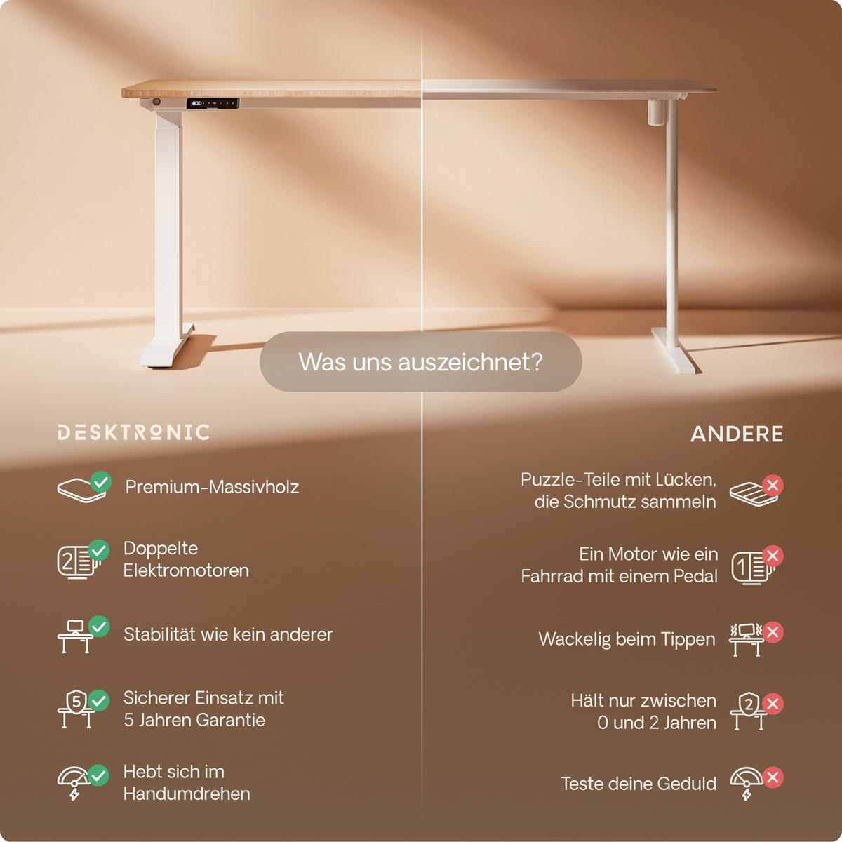 SCHREIBTISCH Elektrisch Höhenverstellbarer HomeOne 140x70cm Weiß/Bambus mit Memory-Funktion, Anti-Kollisions Technologie - Hellgelb/Weiß, Holz (70/140/72cm) - Desktronic