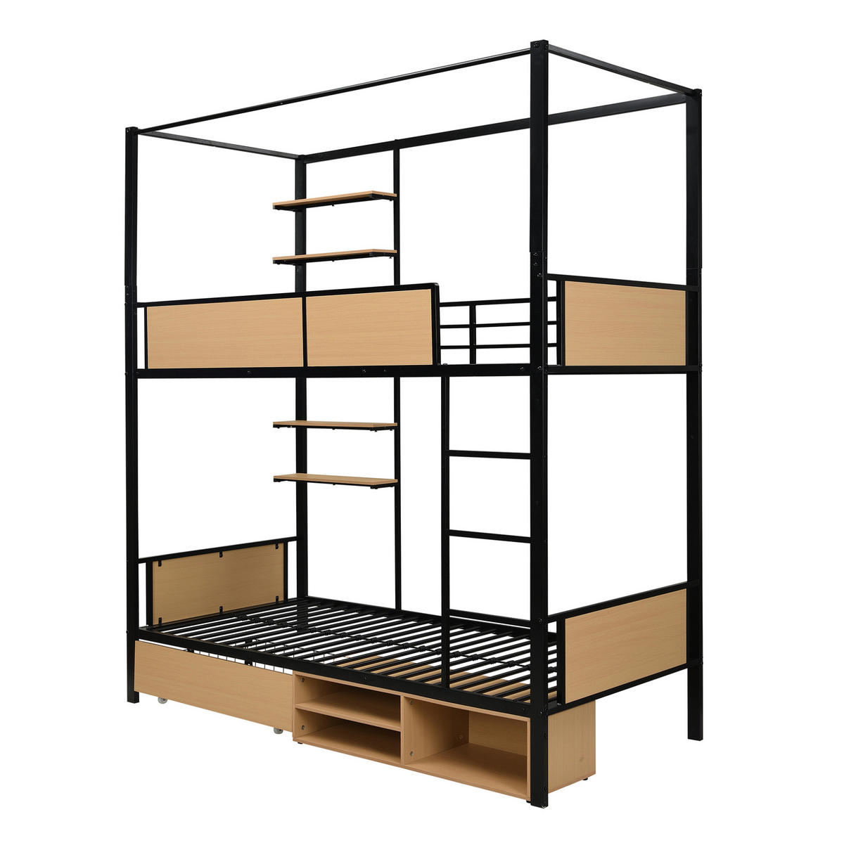 ETAGENBETT 90/200 cm Schwarz Natur mit Ablageboard und Schubladen ohne Matratze - Schwarz, Metall (90/200cm) - MIVRAY