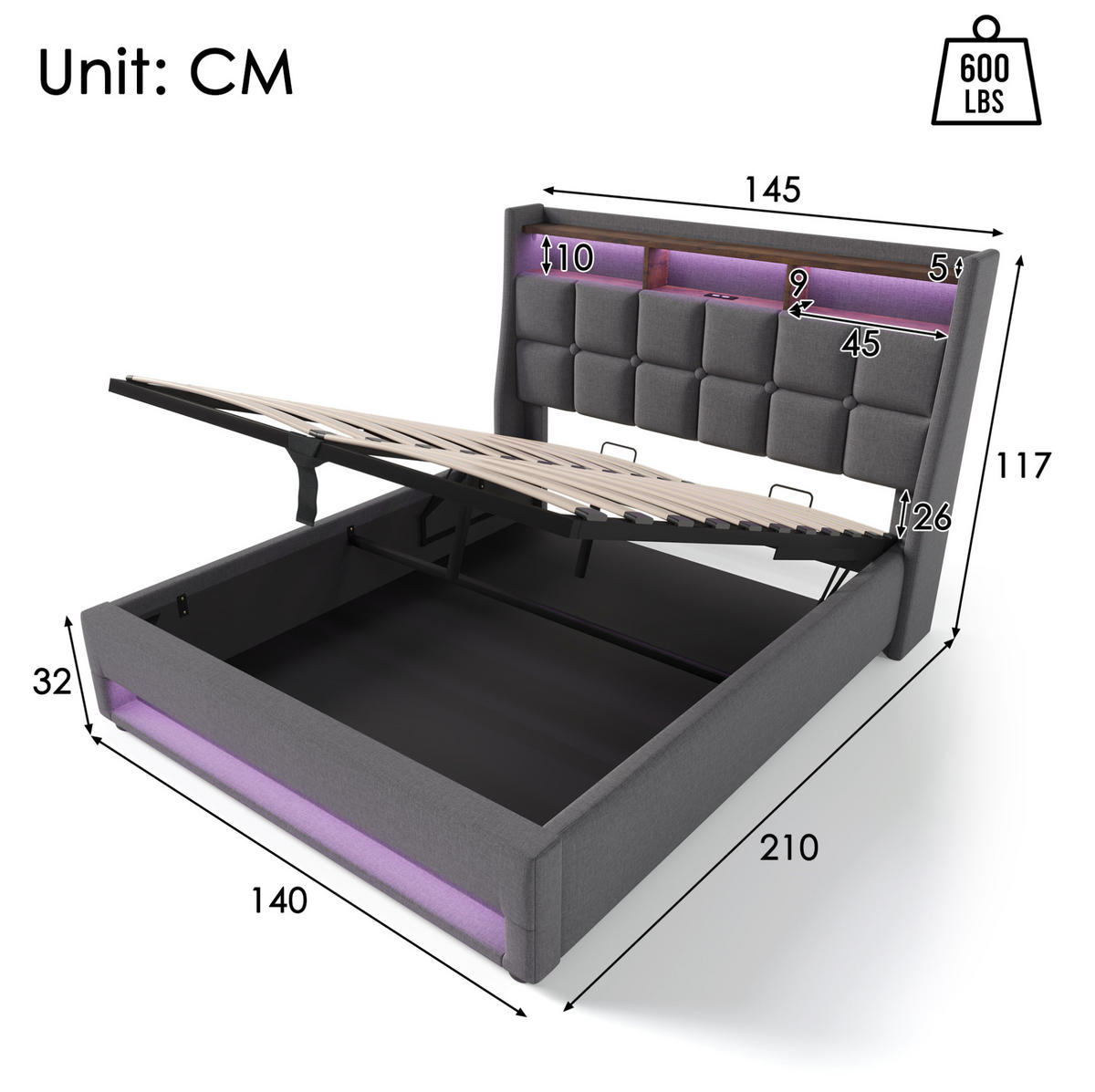 POLSTERBETT 140/200 cm Grau mit LED-Beleuchtung, USB-Anschluss und Stauraum - Grau, Textil (140/200cm) - Flora Grace