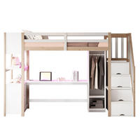 HOCHBETT 90/200 cm mit Schreibtisch, Kleiderschrank, Stauraumtreppe und LED-Beleuchtung, Weiß/Natur - Weiß, Holzwerkstoff (90/200cm) - Redom