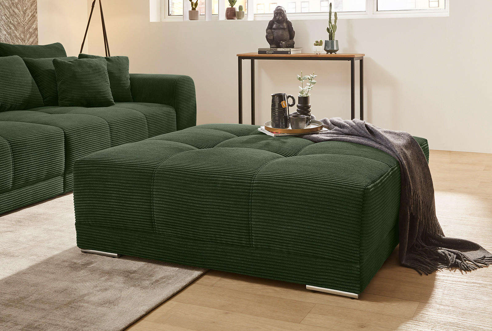 XXL-HOCKER Federkern B120/T120/H39 cm (passend zum BIG-SOFA) Cord Grün / 15176 - Chromfarben/Grün, Textil/Metall (120/39/120cm) - luma-home