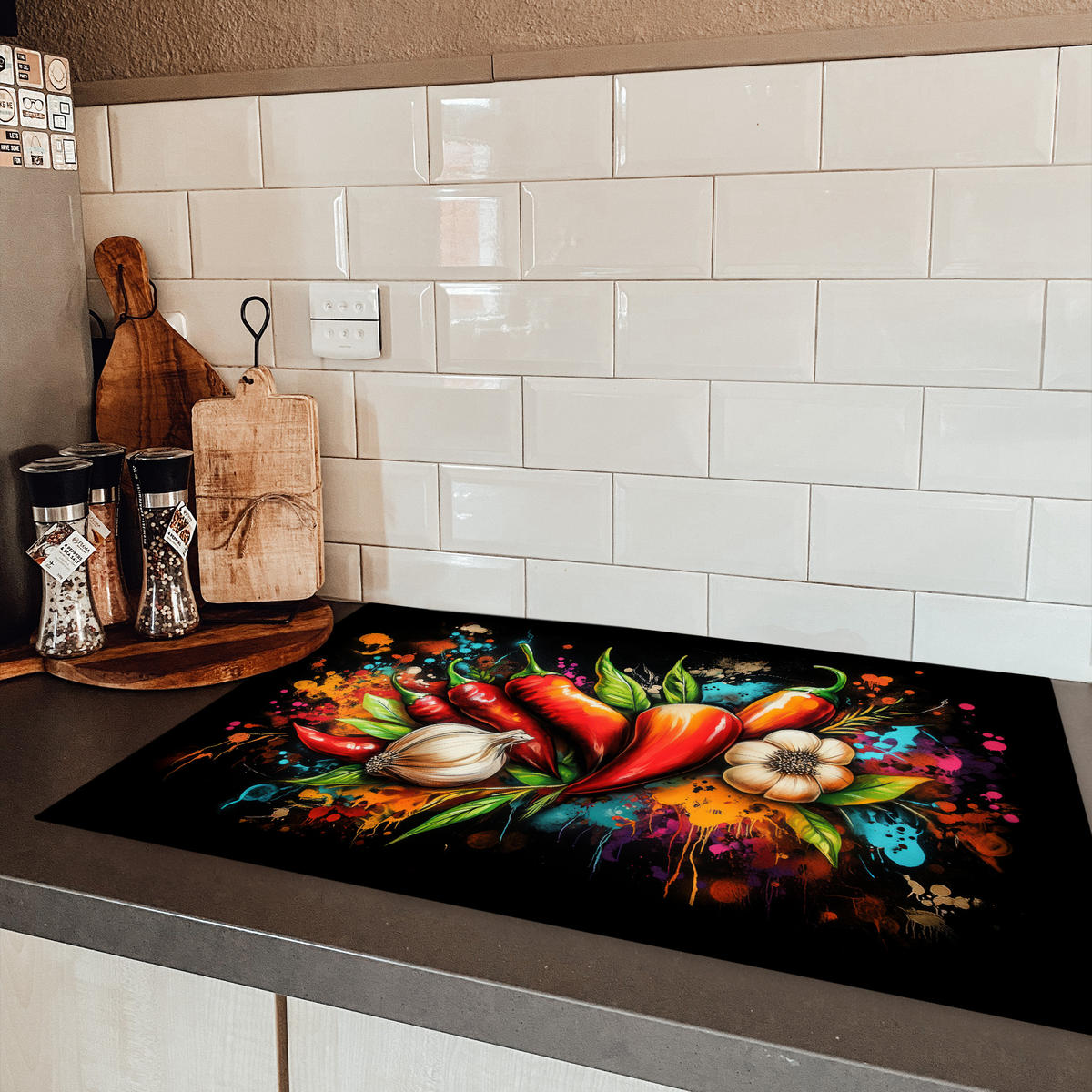 HERDABDECKPLATTE Gemüse - Paprika - Knoblauch - Graffiti - Farbe - Bunt Abdeckung Ceranfeld 81.2x52 cm - Rot, Kunststoff (81.2/52/0.2cm) - MuchoWow