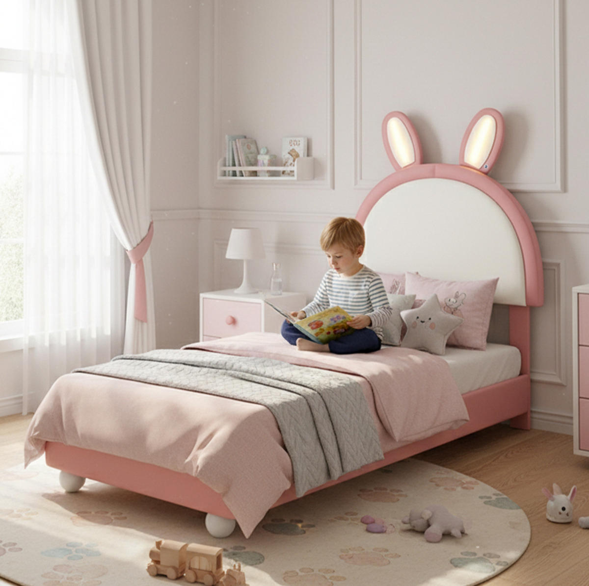 KINDERBETT 90/200 cm mit Hasen-Kopfteil und LED-Lichtleiste in Rosa/Weiß - Weiß, Kunststoff (90/200cm) - BEAOK