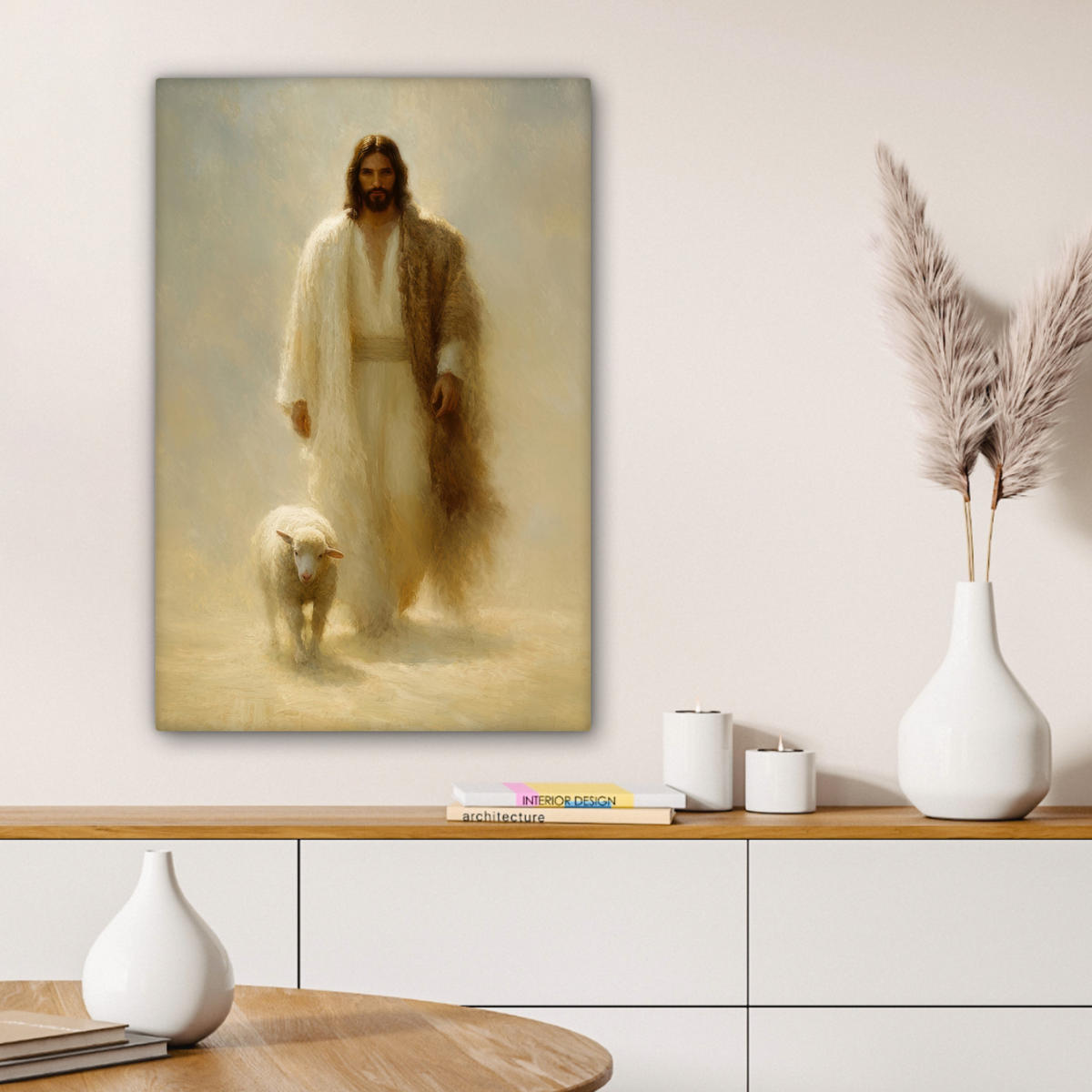 LEINWANDBILD Schaf - Jesus - Pinselstriche - Abstrakt Wanddeko 40x60 cm - Sandfarben, Textil (40/60cm) - MuchoWow