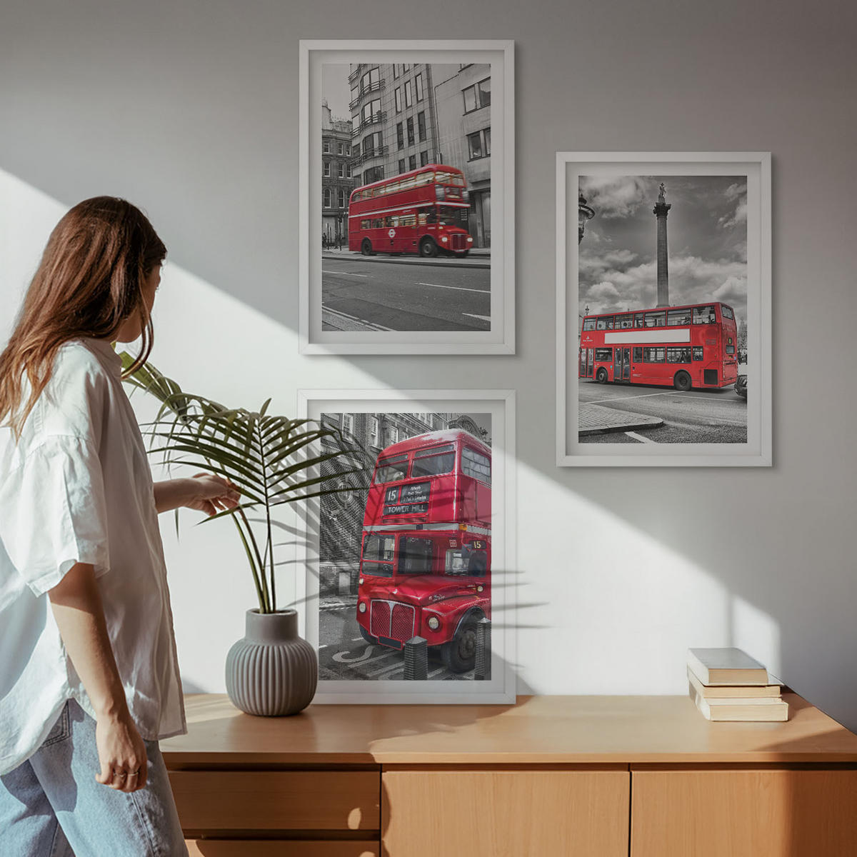 WANDBILDER 3er-Set - 40x60 cm Weißer Rahmen - Rote Busse in London - Weiß, Kunststoff (40/60cm) - ArtPrintCave