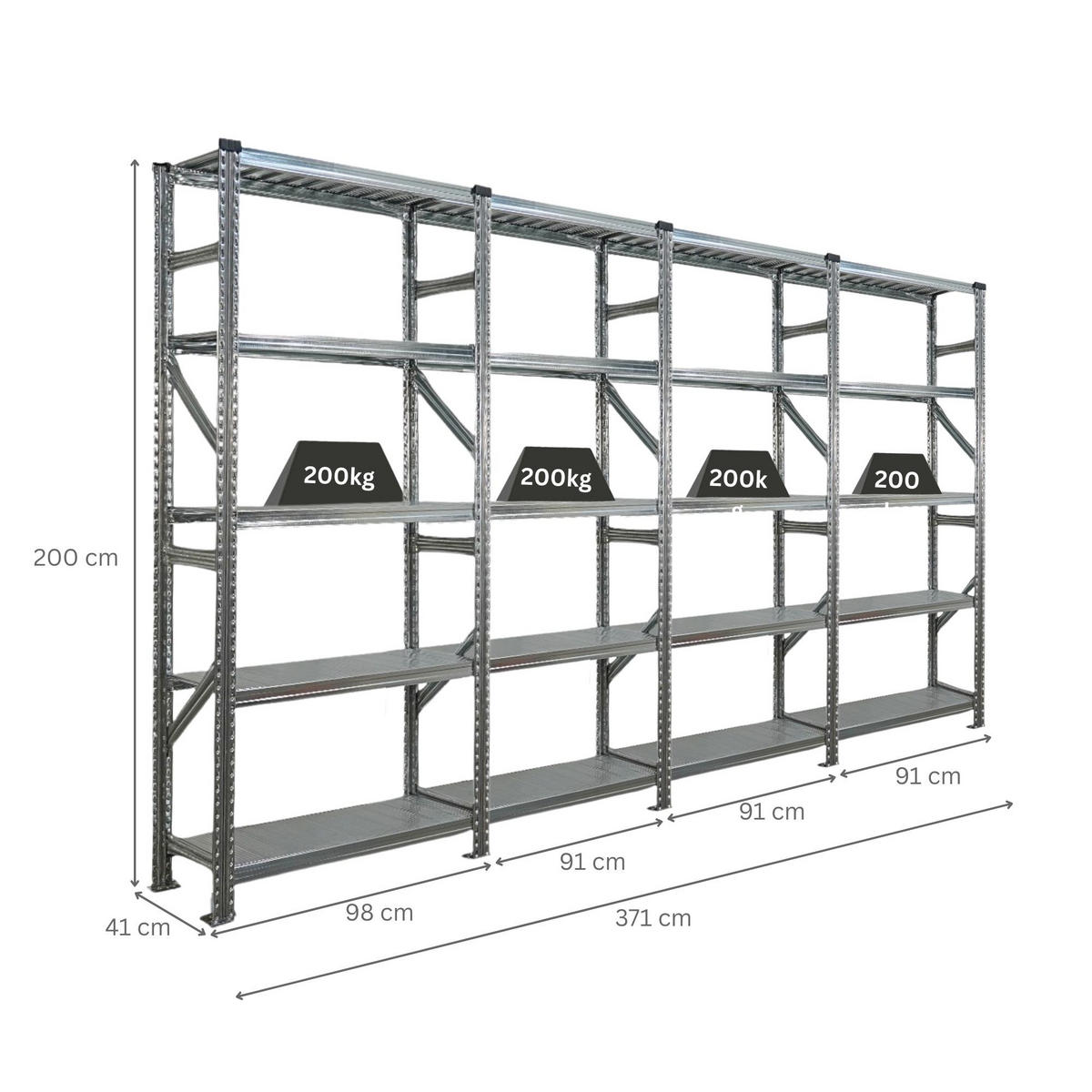 FACHBODENREGAL Proximo Stecksystem 200x360x40cm 5 Ebenen Fachlast 200 kg Beidseitig nutzbar Verzinkt - Silberfarben, Metall (360/200/40cm) - PROREGAL