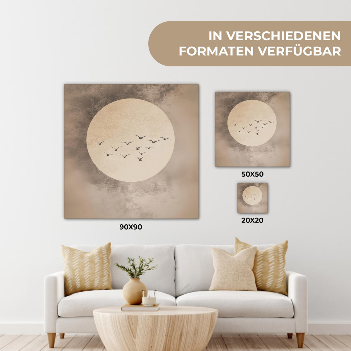 LEINWANDBILD Vogel - Beige - Japanisch 90x90 cm - Taupe, Textil (90/90cm) - MuchoWow