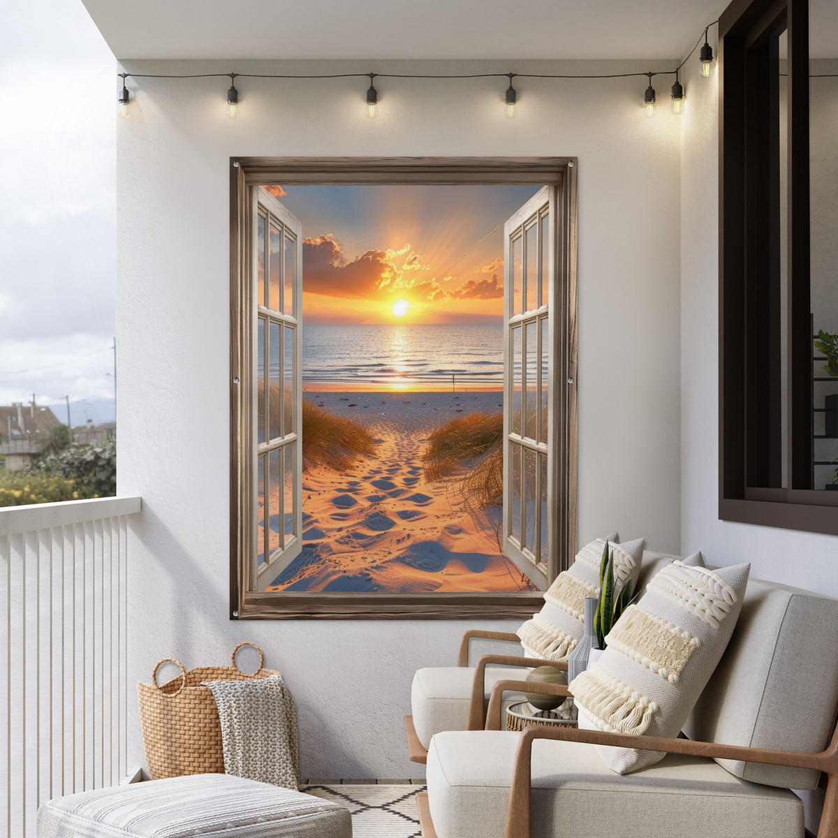 GARTENPOSTER Durchblick - Strand - Dünen - Sonnenuntergang 120x160 cm - Orange, Kunststoff (120/160/0.2cm) - OnlyWow