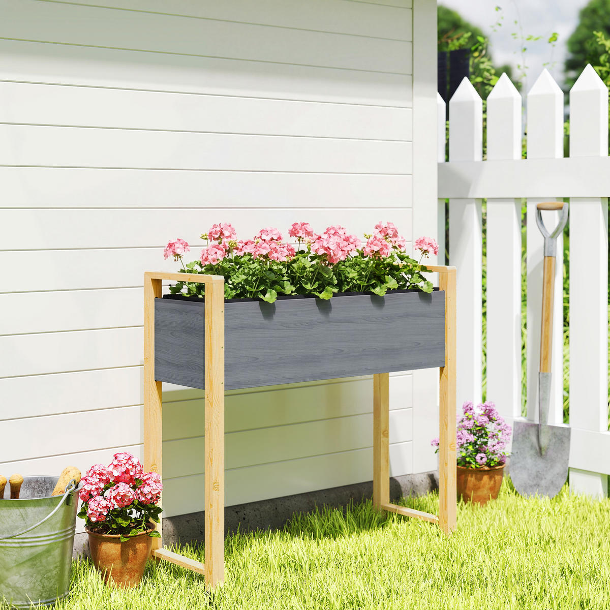 HOCHBEET DE-12316 mit Beinen, 98/37/90 cm, 4 Drainagelöcher Grau - Grau, Holz (98/90/37cm) - ComfortXL