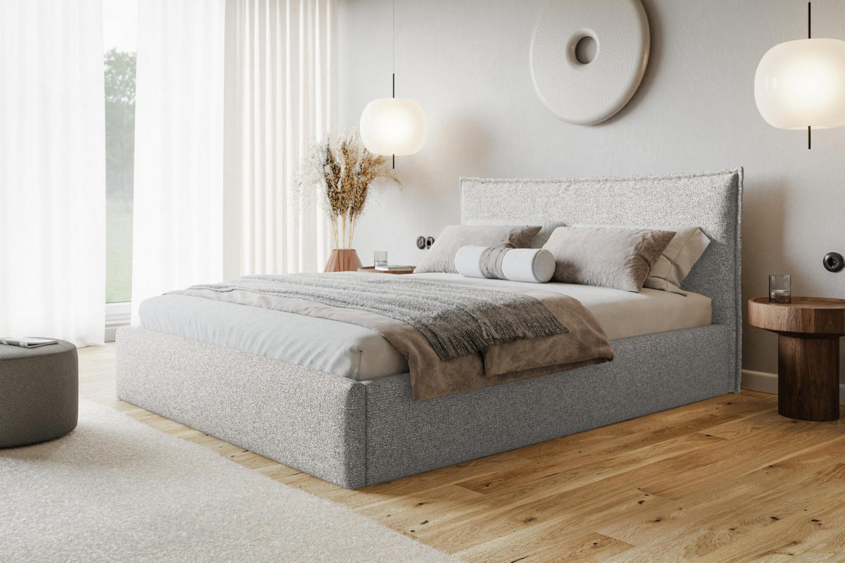 BETT 140x200 - Polsterbett mit Bettkasten und Holzrahmen - Modern Betten - Eleganter Puente-Stoff - Kollektion Rimini - Grau - Grau, Holz/Textil (140/200cm) - Alpi-Möbel