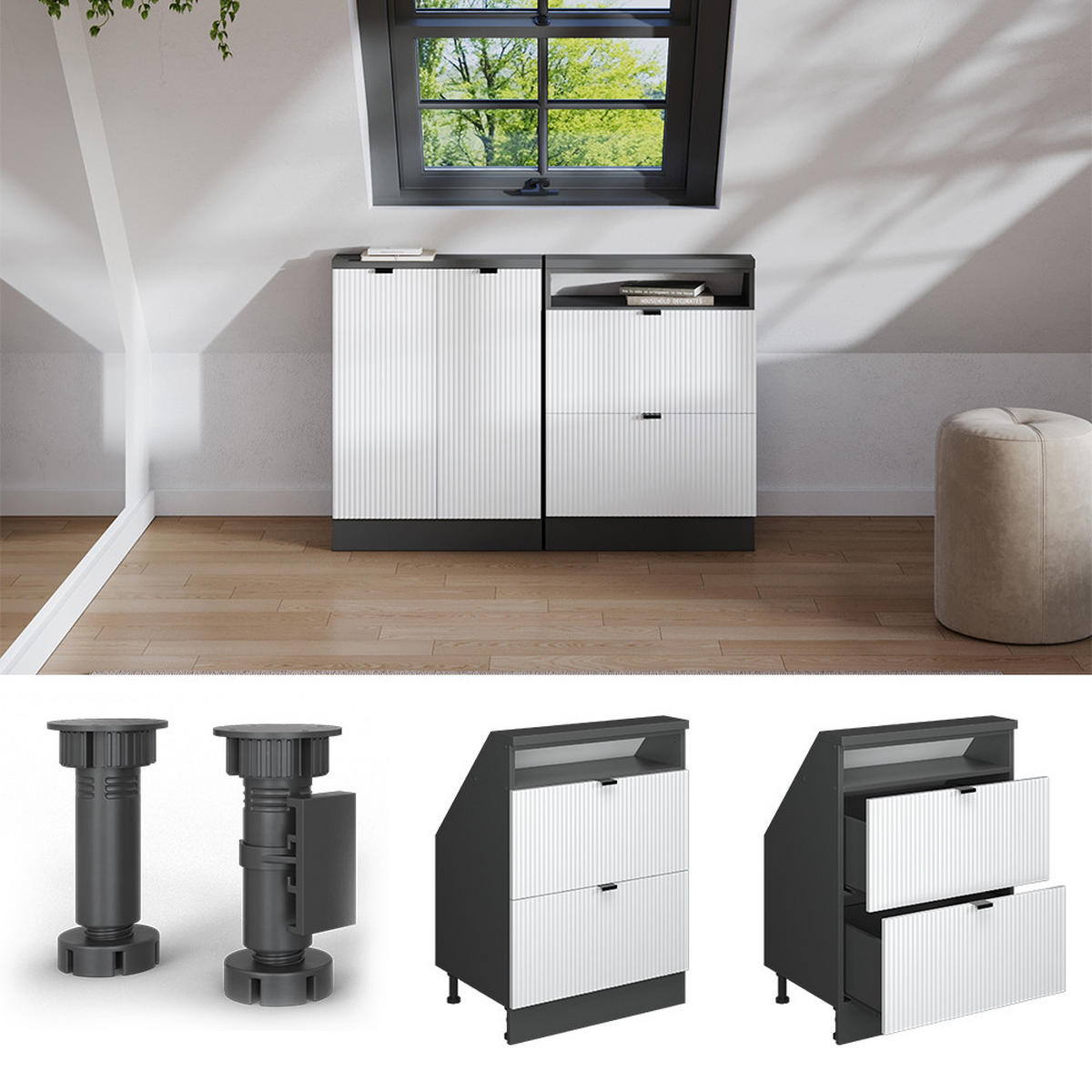 DACHSCHRÄGENSCHRANK Rion Weiß Riffel 60 x 81.6 cm mit 2 Schubladen - Weiß, Holzwerkstoff (60/81.6/46cm) - Vicco