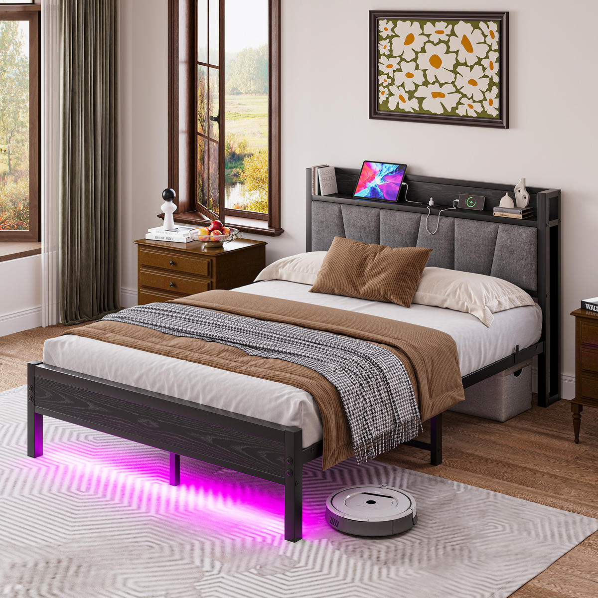 METALLBETT 140/190 cm Schwarz mit LED und USB - Schwarz, Metall (140/190cm) - Oxeza