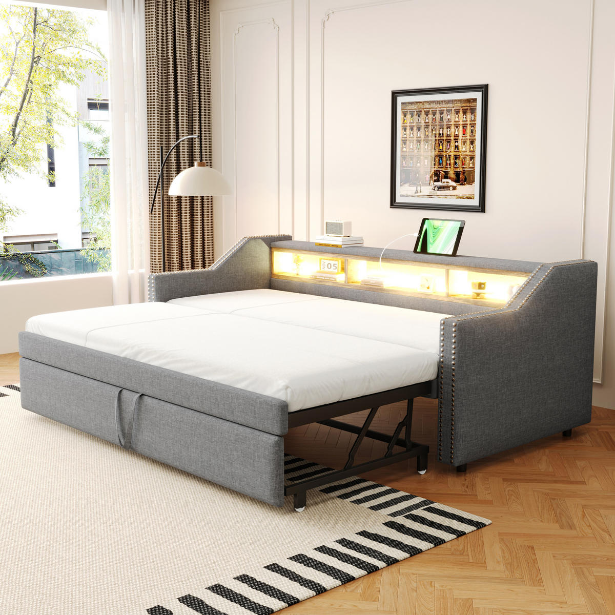 AUSZIEHBETT 90/180/190 cm DE-01942, in Hellgrau, mit LED, USB und Staufach - Hellgrau, Holzwerkstoff/Metall (90/190cm) - ComfortXL