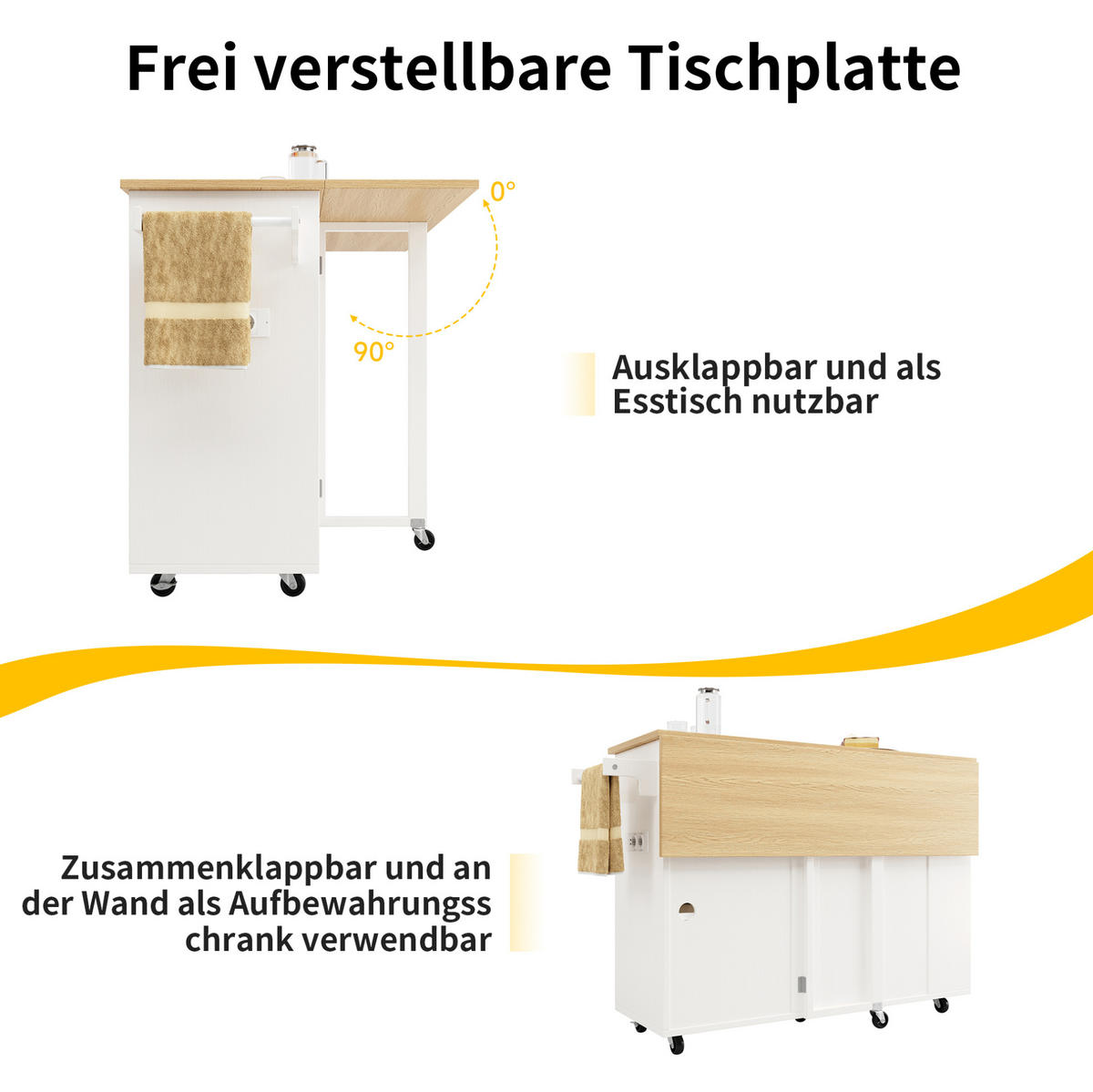 KÜCHENINSEL 131,5/43/90,7 cm weiß natur mit Steckdosenleiste und Klappplatte - Weiß, Holzwerkstoff (131.5/90.7/43cm) - OKWISH