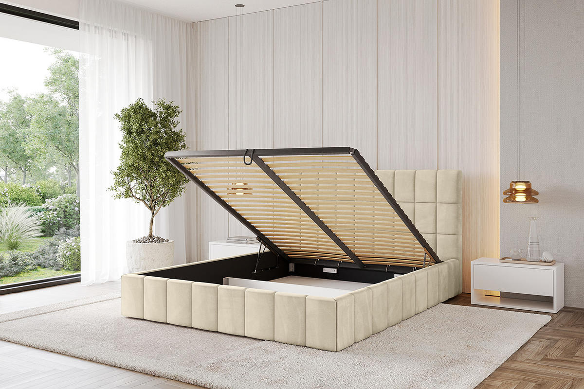 POLSTERBETT mit Bettkasten und Lattenrost, Boxbett ohne Matratze - AMEA 180x200 Beige - Ecru, Holzwerkstoff/Textil (180/200cm) - ALTDECOR