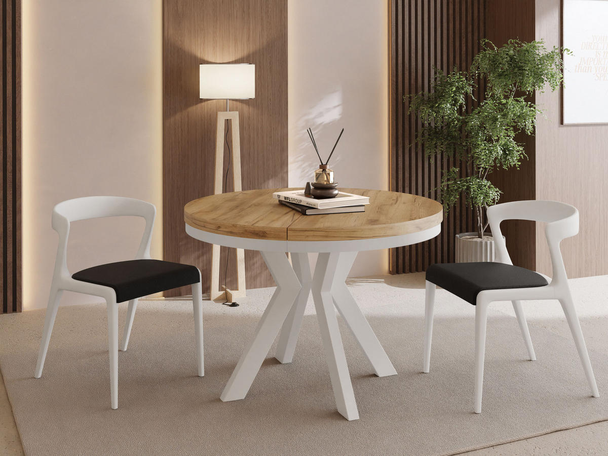 ESSTISCH Savio Weiß Neo rund ausziehbar verlängerbar, Eiche Braun 80-130/80/77 cm - Eiche Wotan/Weiß, Holz/Holzwerkstoff (80/80/77cm) - WFL GROUP
