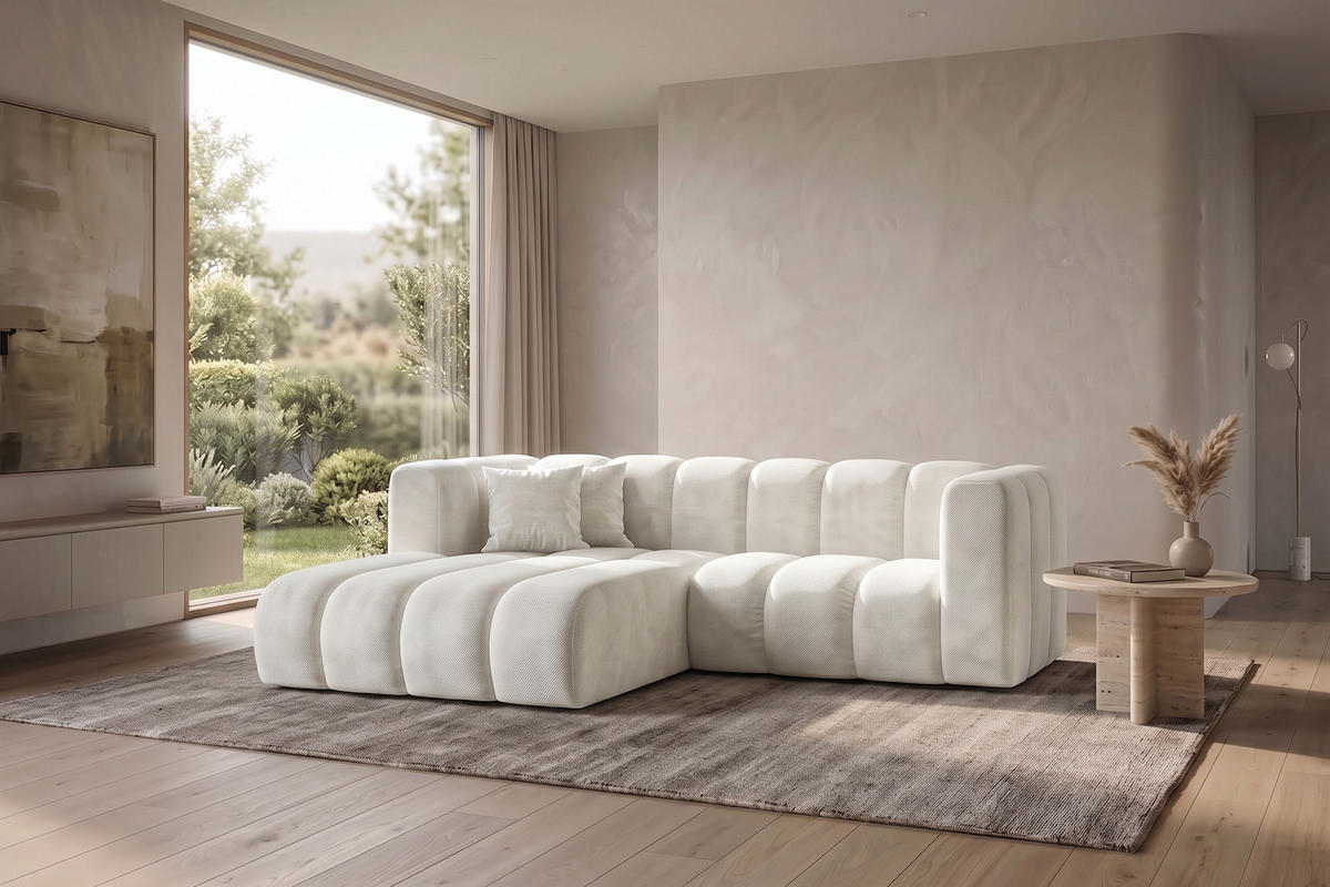 ECKSOFA Modulares In L-Form, Velvet-Stoff Riviera, Ecru, Links, GRAND - Creme, Holz (227/179cm) - Kaiser Möbel