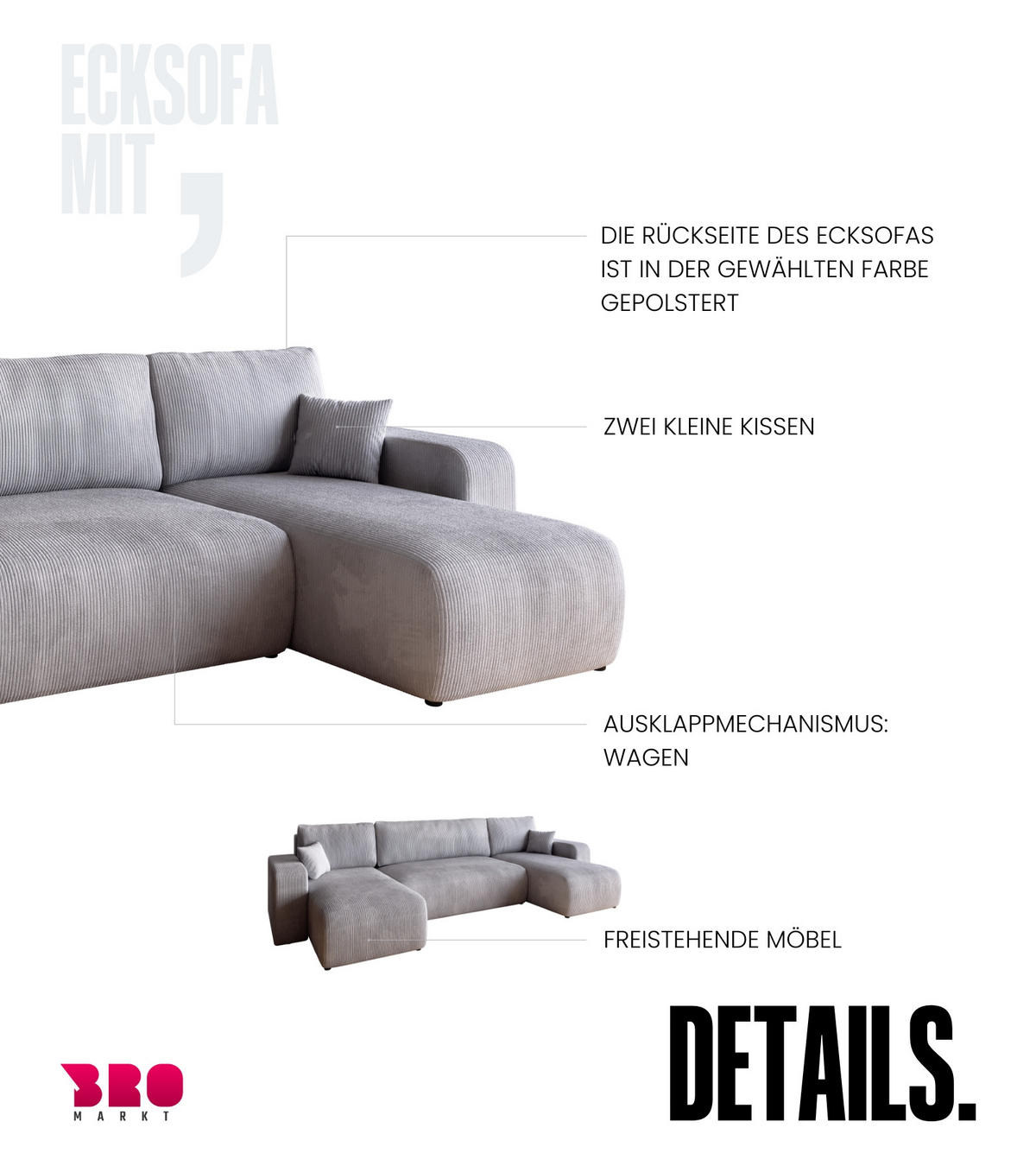 WOHNLANDSCHAFT PUMI mit Schlaffunktion Hellgrau Cord - Hellgrau, Textil (312/82/148cm) - Bromarkt