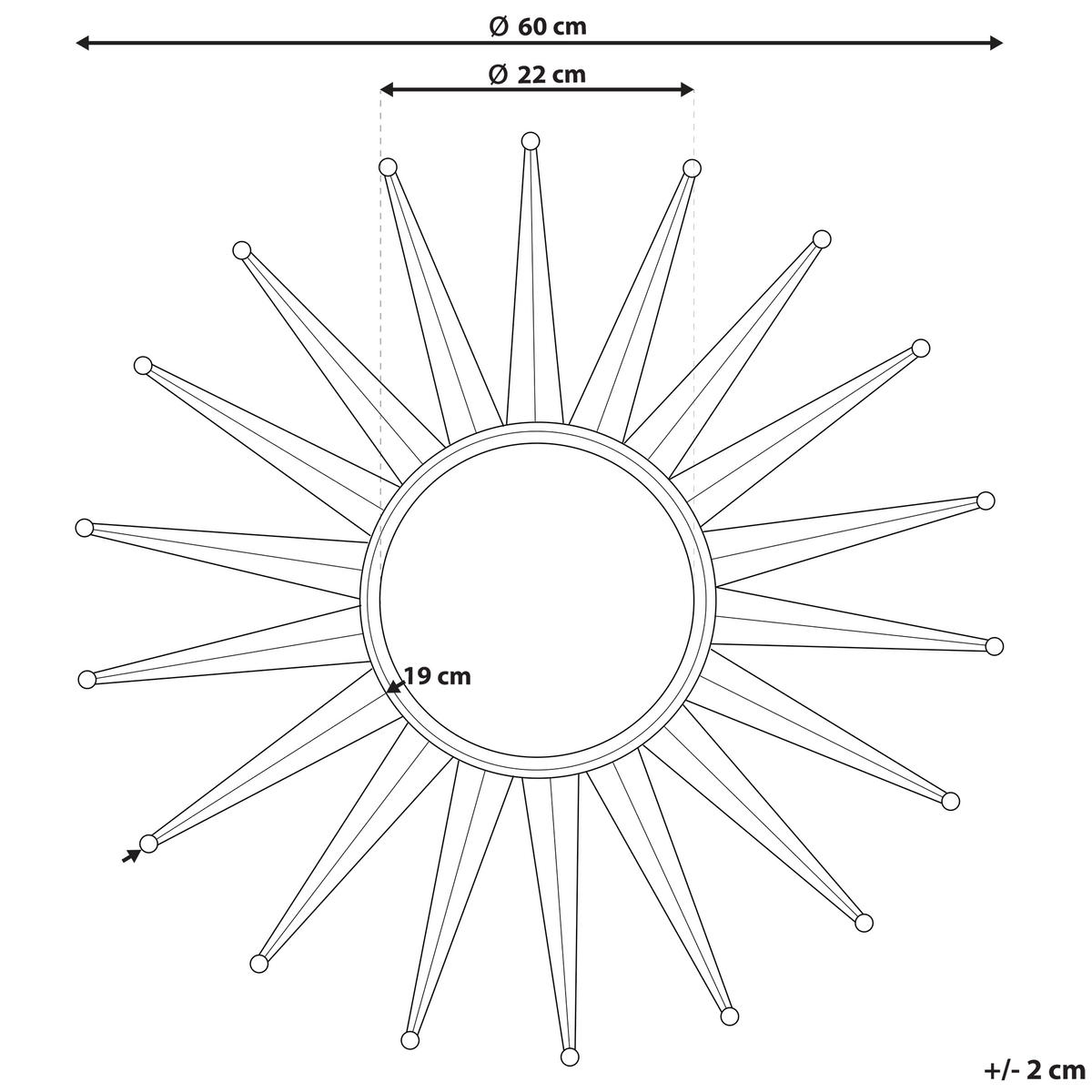 WANDSPIEGEL gold Sonnenoptik 60 cm Perelli - Goldfarben, Metall (60/60/3cm) - Beliani