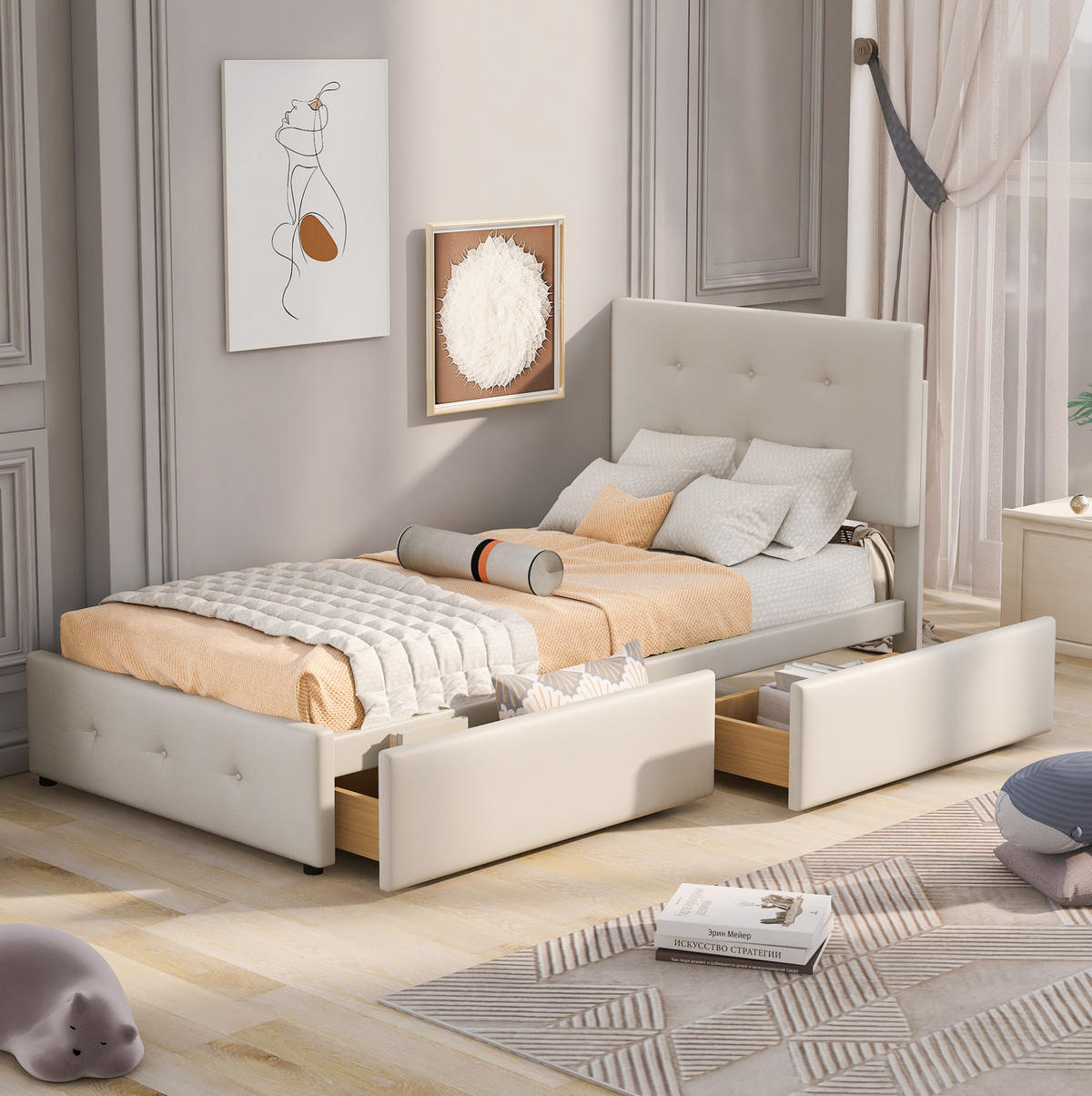 POLSTERBETT 90/200 cm beige aus Samt mit Schublade und Lattenrost - Beige, Textil (90/200cm) - OKWISH