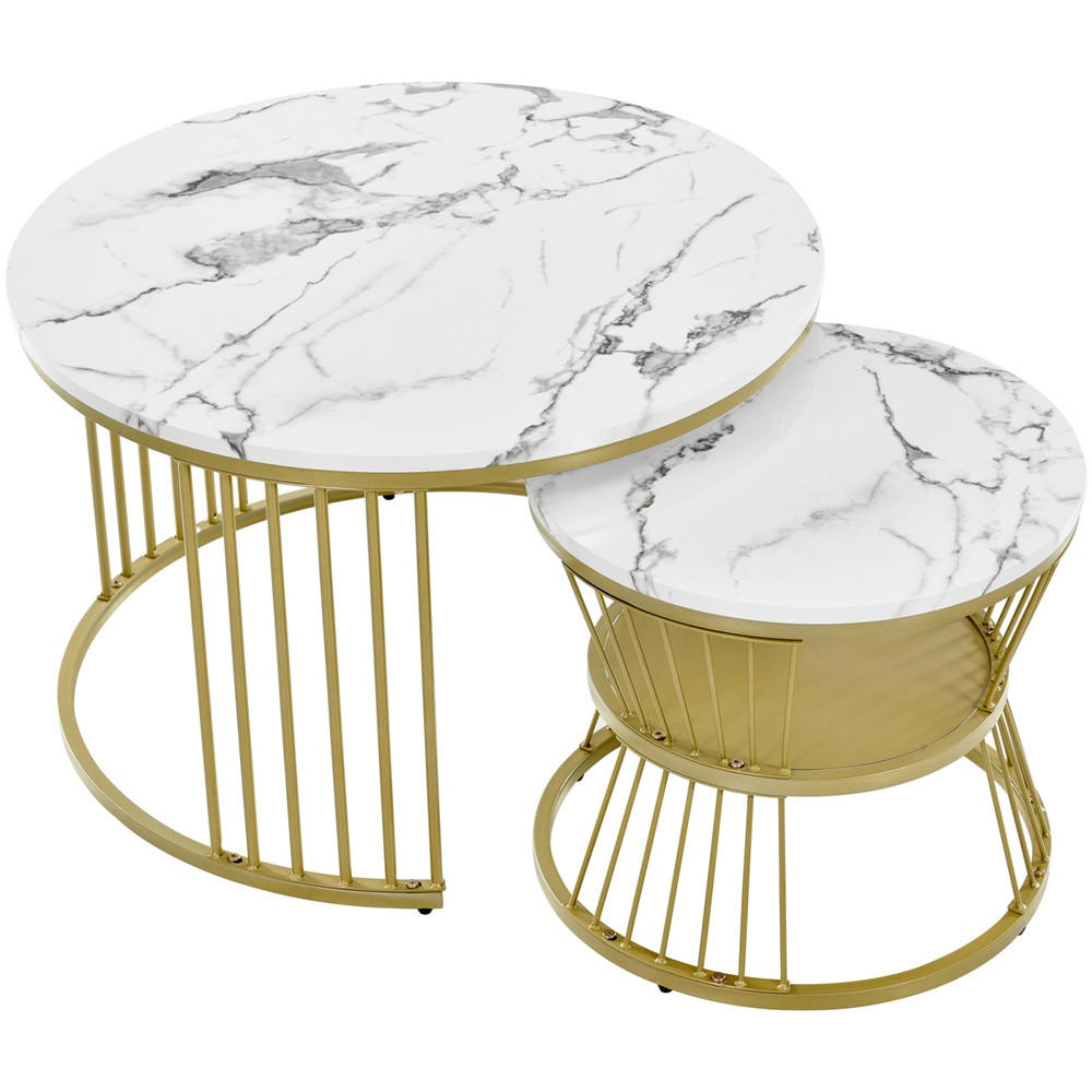 COUCHTISCH 2er Set - Runder Couchtisch 70 cm & 45 cm - Ineinander Schiebbar Marmoroptik - Gold & Weiß - Weiß, Holzwerkstoff (70/70/45.5cm) - DELFA