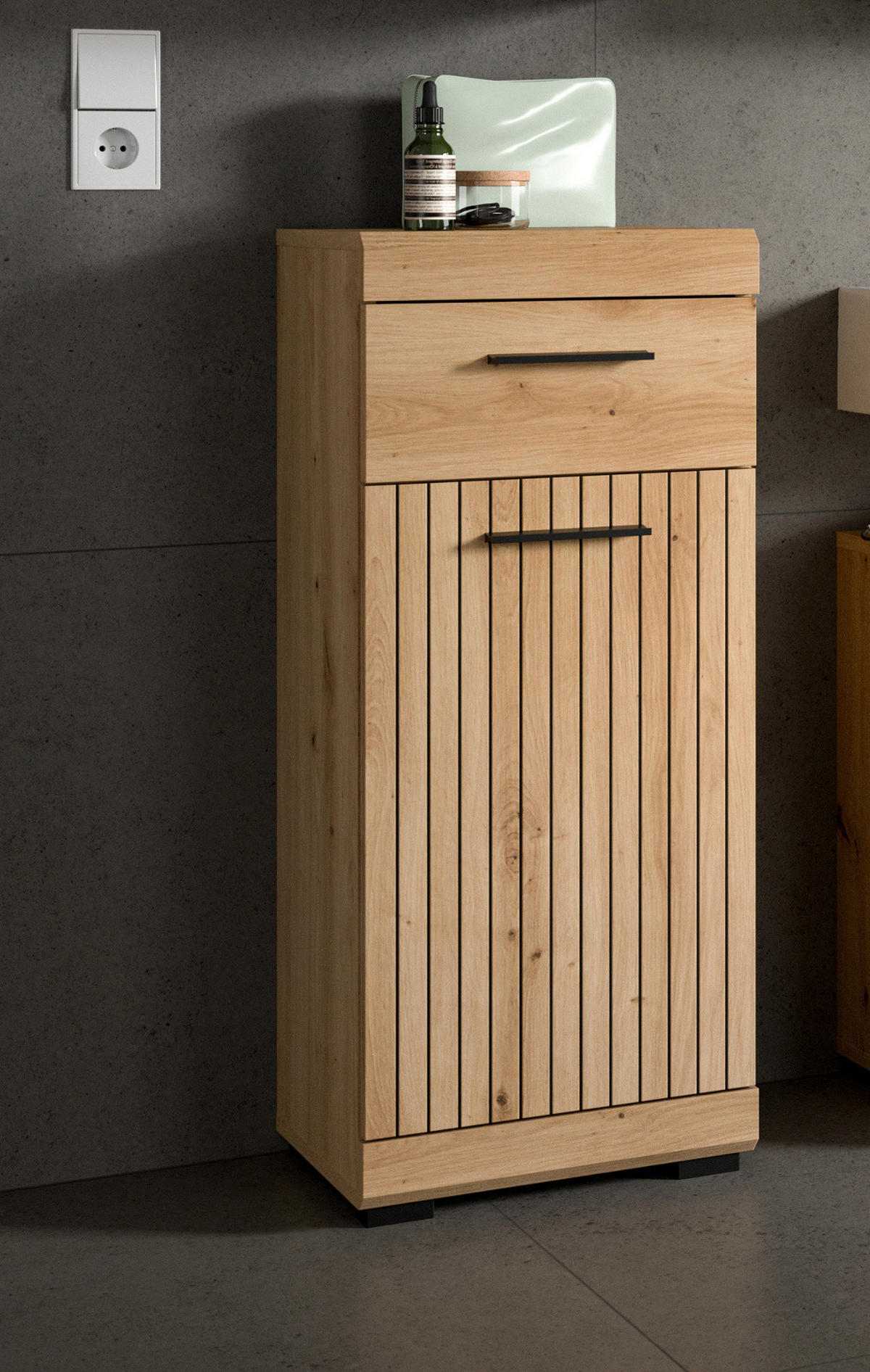 BADKOMMODE Eiche Artisan 37 x 88 cm, Badschrank mit moderner Rillen-Optik - Schwarz/Eiche Artisan, Holzwerkstoff/Kunststoff (37/88/31cm) - Inn.Furn