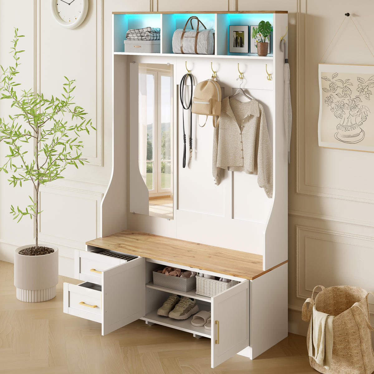 GARDEROBE-SET in Weiß Garderobenschrank mit Spiegel und LED-Beleuchtung für Eingangsbereich und Flur, B120/T40/H187 cm - Weiß/Naturfarben, Glas/Holzwerkstoff (120/187/40cm) - STILVORA
