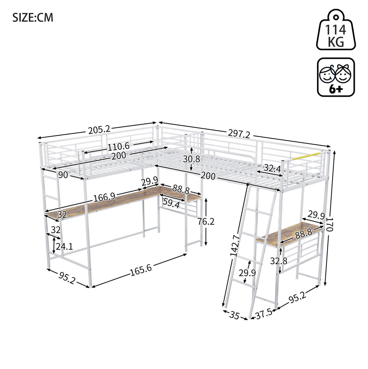 HOCHBETT mit Schreibtisch 90/200 cm in Weiß – mit hohem Rausfallschutz und Treppe - Weiß, Metall (140/200cm) - BEAOK