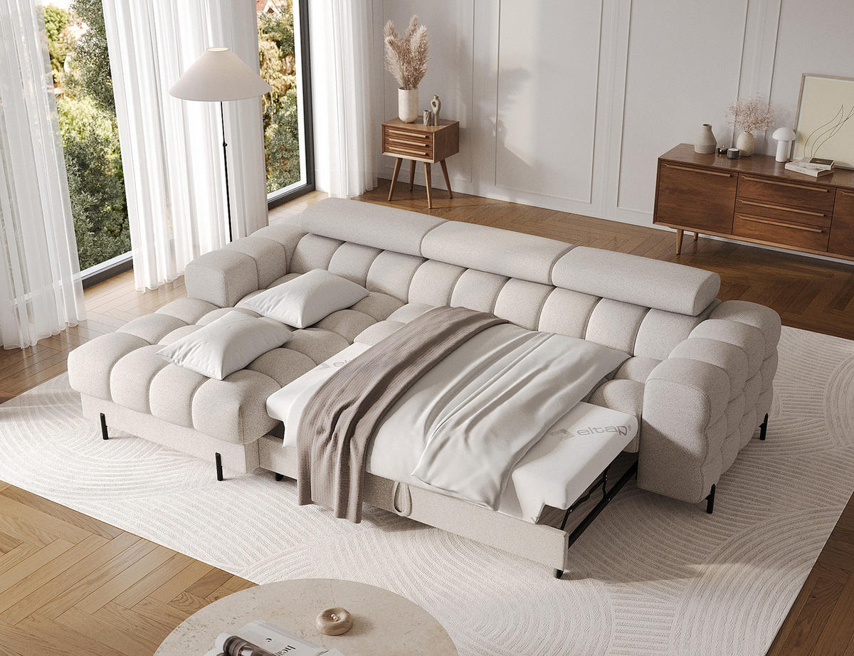 ECKSOFA FELRO mit Schlaffunktion, Bettkasten & verstellbaren Kopfstützen – Modernes Premium-Ecksofa in L-Form - Beige, Kunststoff (285/181cm) - Wohnideebilder