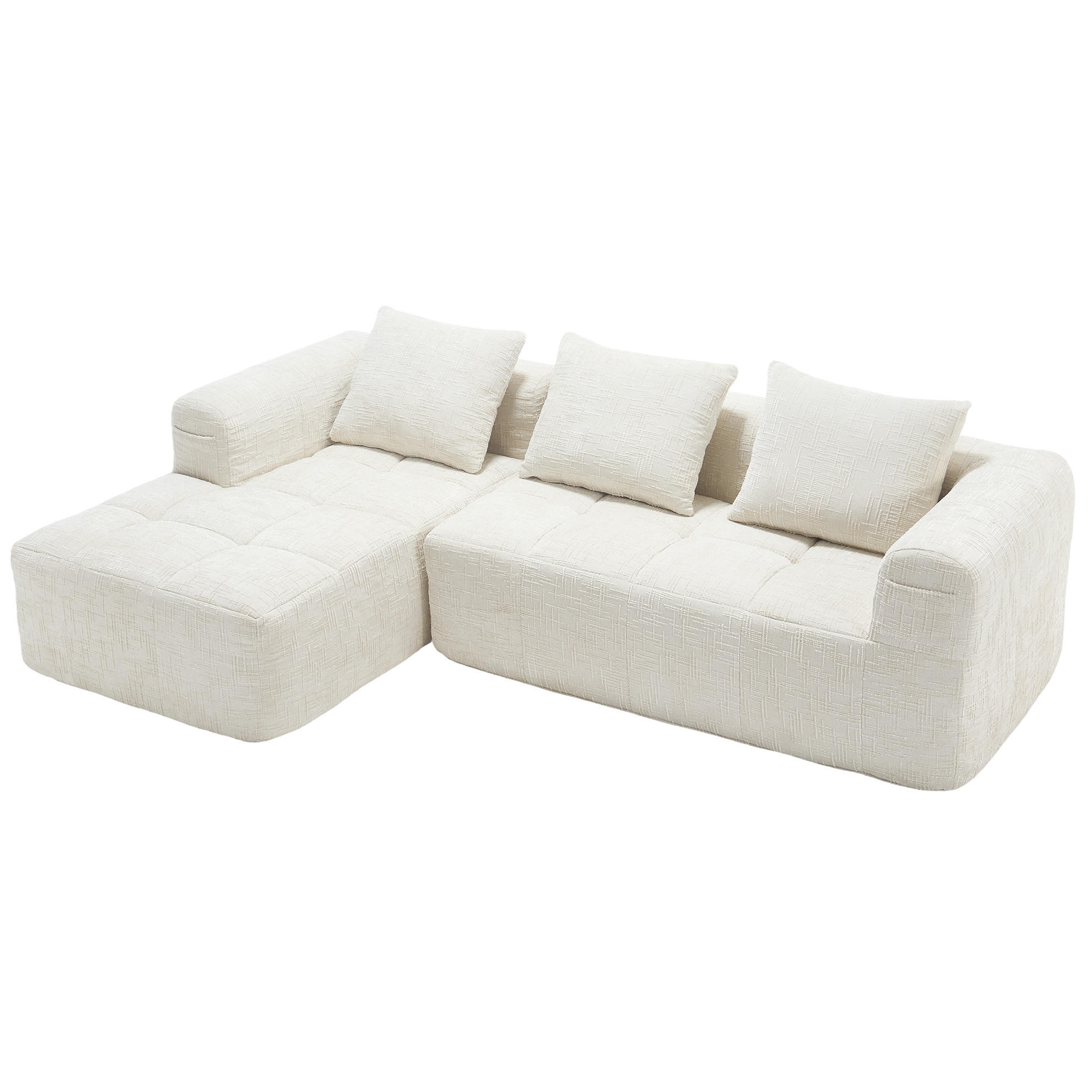 OKWISH ROHOVÁ pohovka 250/158/60 cm béžová z chenille s boční kapsou a bez montáže