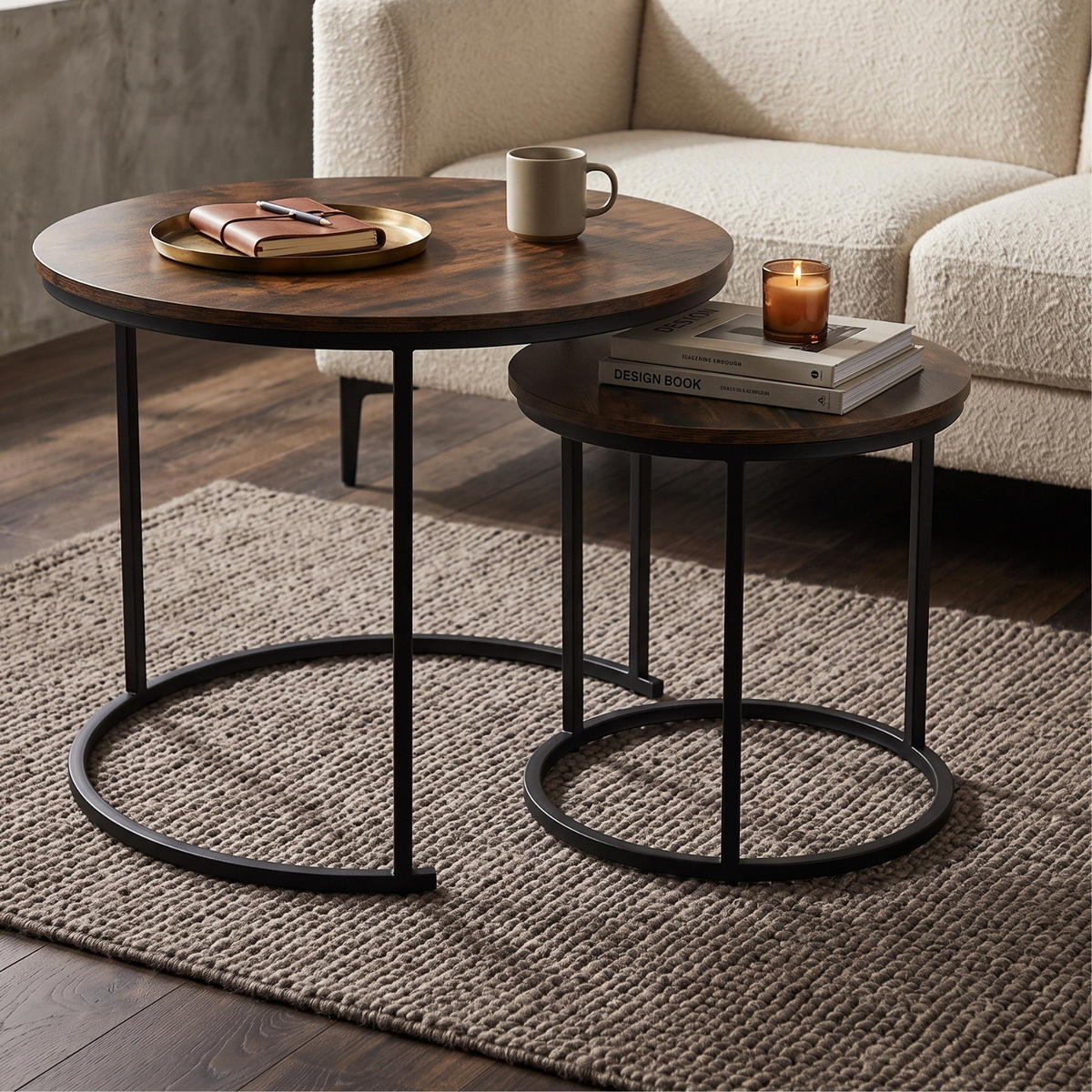 COUCHTISCH 2er-Set rund Schwarz, Dunkelbraun - Braun, Metall (60/60/50cm) - SCENA LIVING