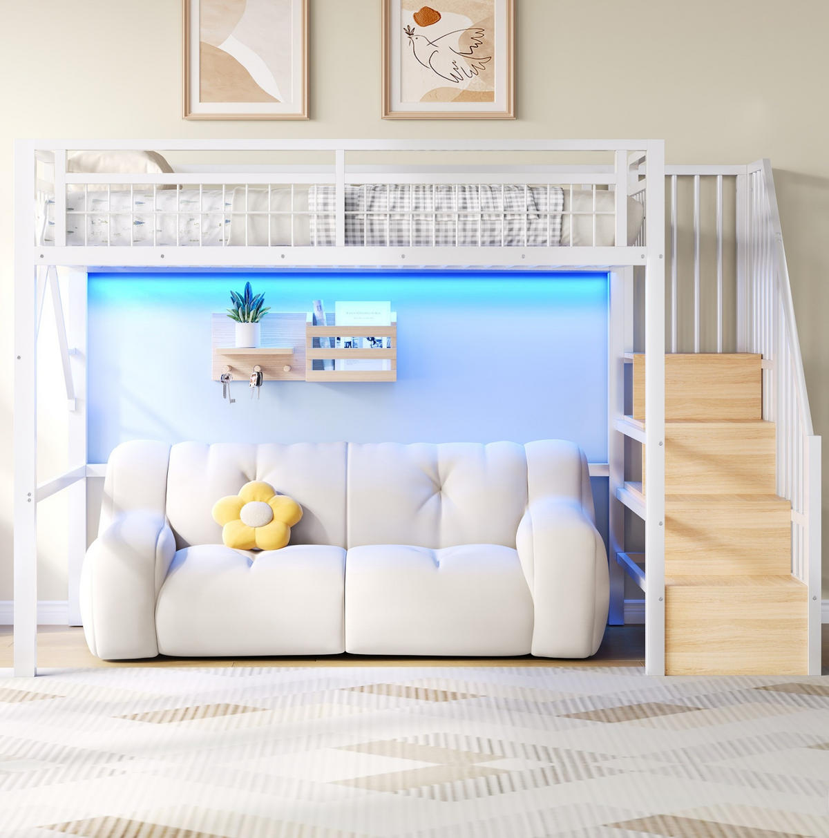 HOCHBETT 90/200 cm Weiß mit LED und Stauraum ohne Matratze - Weiß, Metall (90/200cm) - MIVRAY