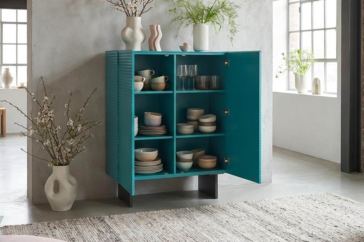 HIGHBOARD LYNN Blau Holz - Blau/Schwarz, Holzwerkstoff/Metall (100/120/40cm) - KAWOLA