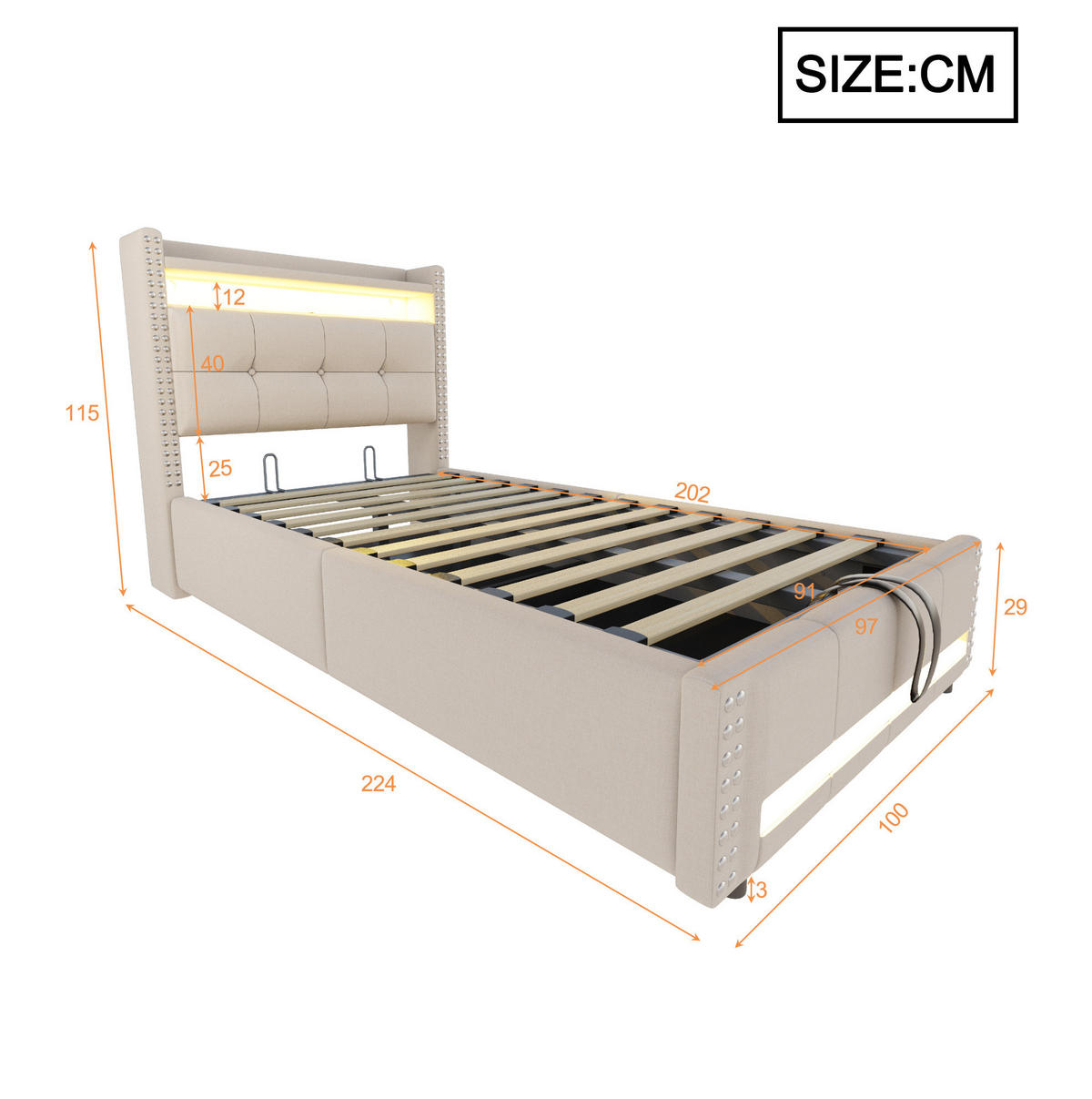 POLSTERBETT 90/200 cm Beige aus Leinenstoff mit LED, USB und Stauraum - Beige, Textil (90/200cm) - OKMYHOME