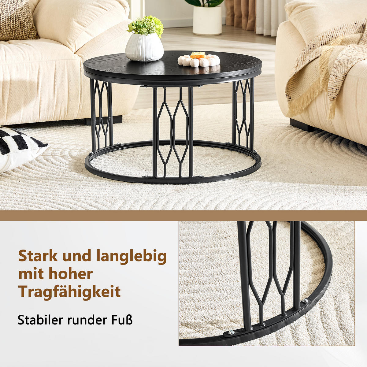 COUCHTISCH DE-37365 rund mit Holzoptik Schwarz - Schwarz, Metall (70/70/40.5cm) - ComfortXL