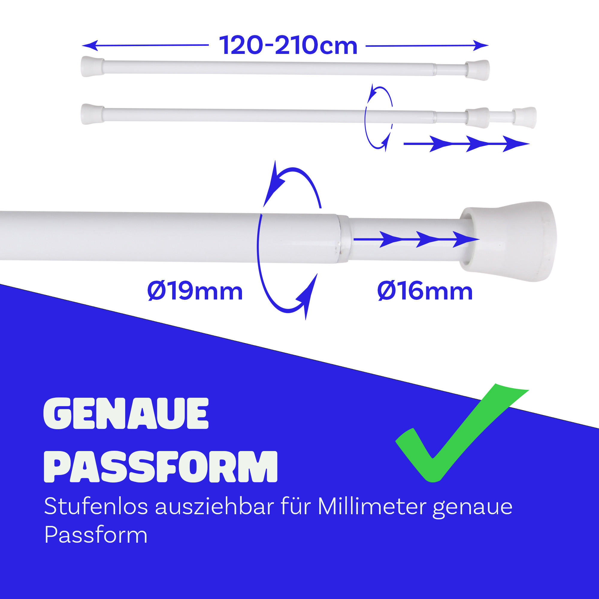 VERSTELLBARE Vorhangstange - Spannstange zum Klemmen Weiß Ø16/19 mm 120-210 cm - Weiß, Metall (120cm) - Bestlivings