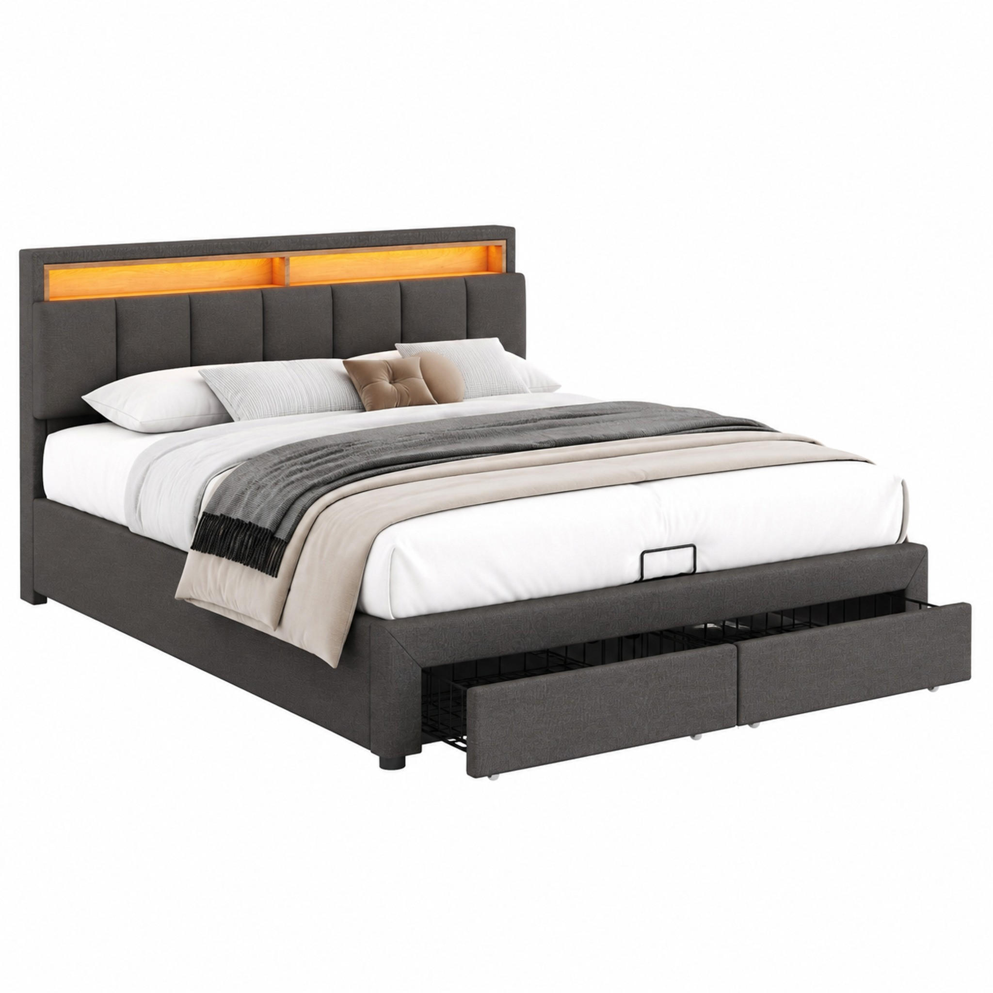 BETT mit LED und Stauraum 180x200 cm Leinen Dark Grey - Dunkelgrau, Metall (180/200cm) - Meubliv