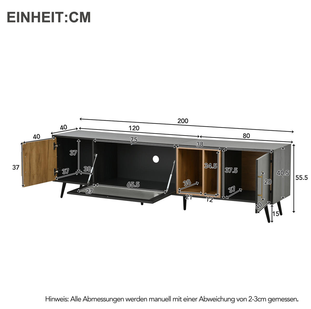 TV-LOWBOARD 200/40/55,5 cm mit 3 Türen und Kabeldurchlass - Grau, Holzwerkstoff (200/55.5/40cm) - BEAOK